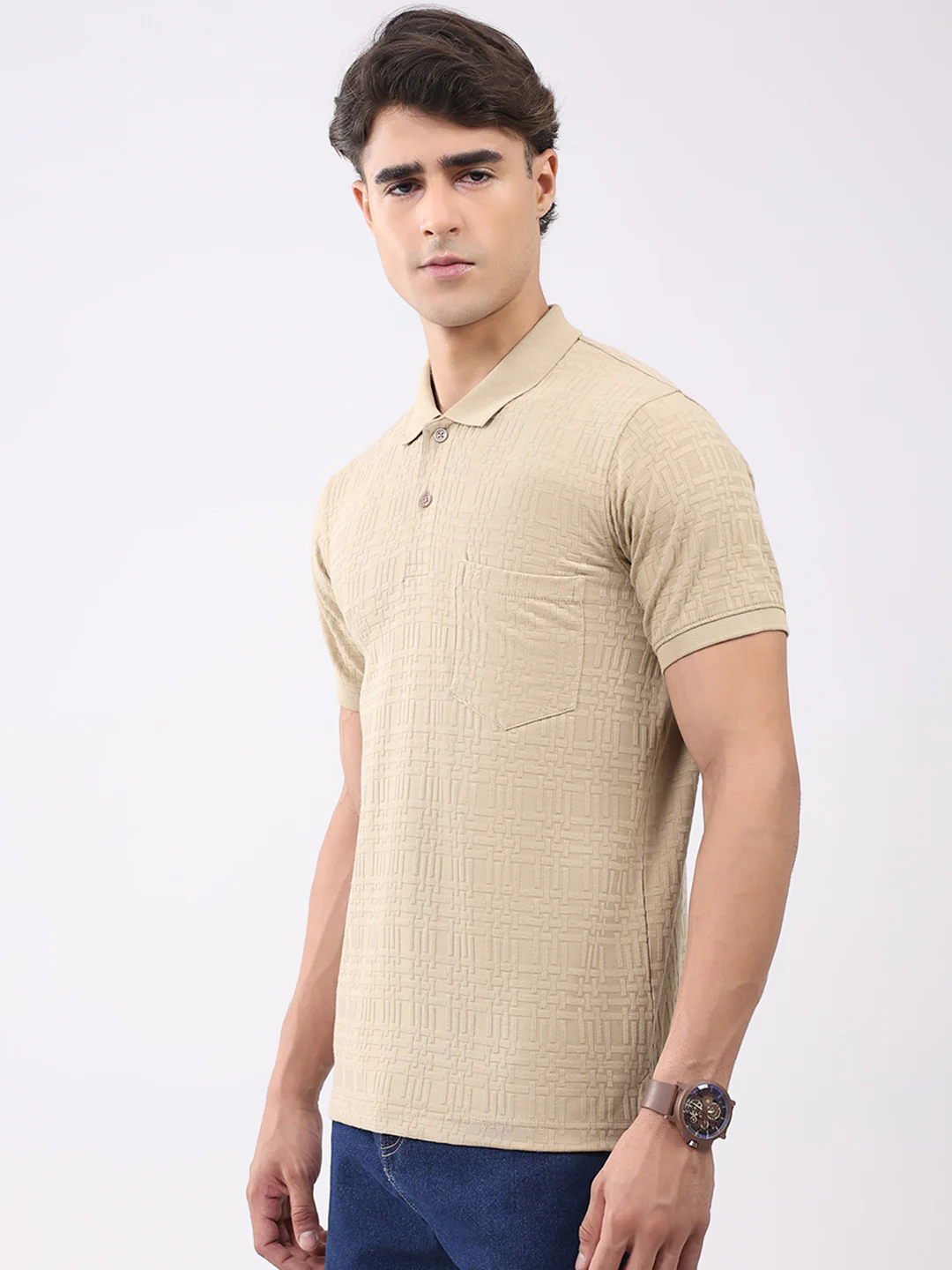 Men Beige Stripe Collar Half Sleeve T-Shirt - Image 3