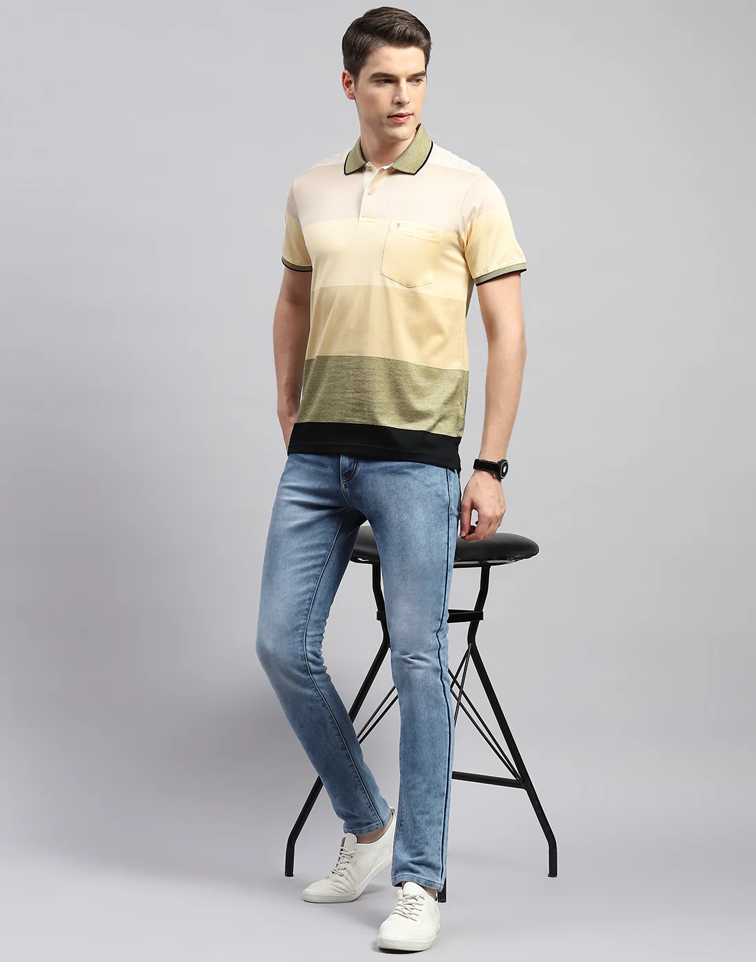 Men Beige Stripe Collar Neck Half Sleeve T-Shirt - Image 2
