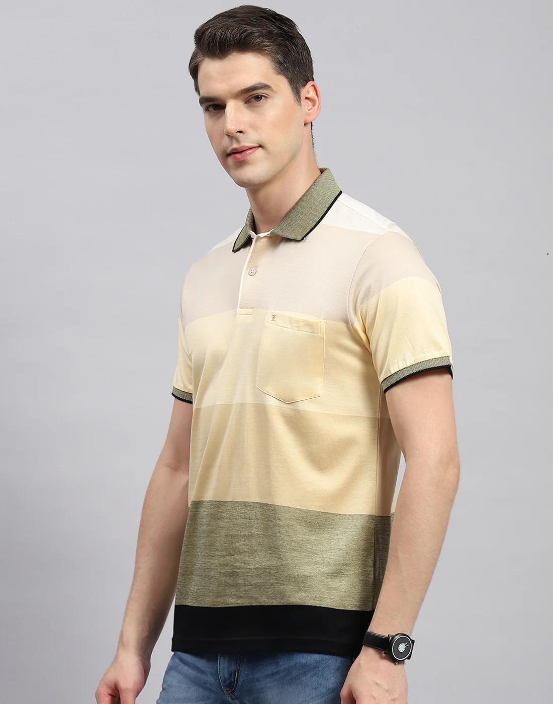 Men Beige Stripe Collar Neck Half Sleeve T-Shirt - Image 4