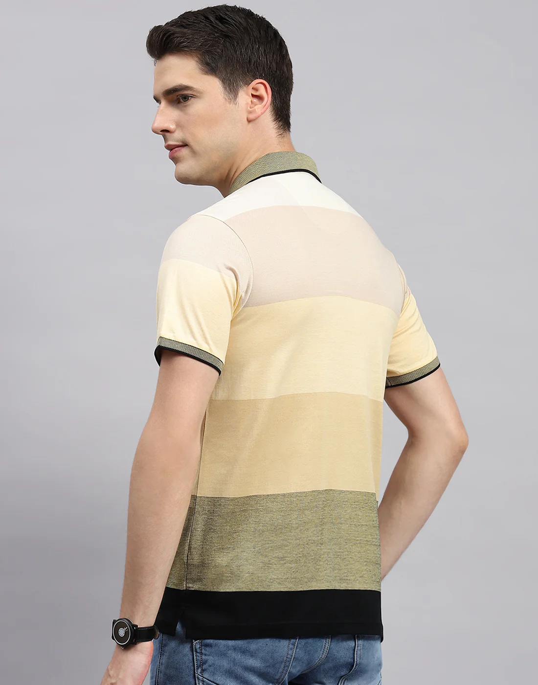 Men Beige Stripe Collar Neck Half Sleeve T-Shirt - Image 5
