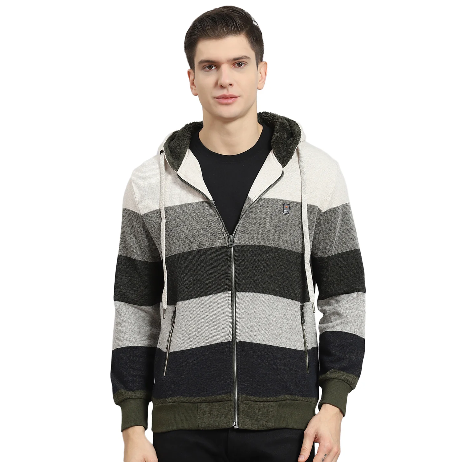 Men Beige Stripe Hooded Full Sleeve Sweatshirt - Image 5