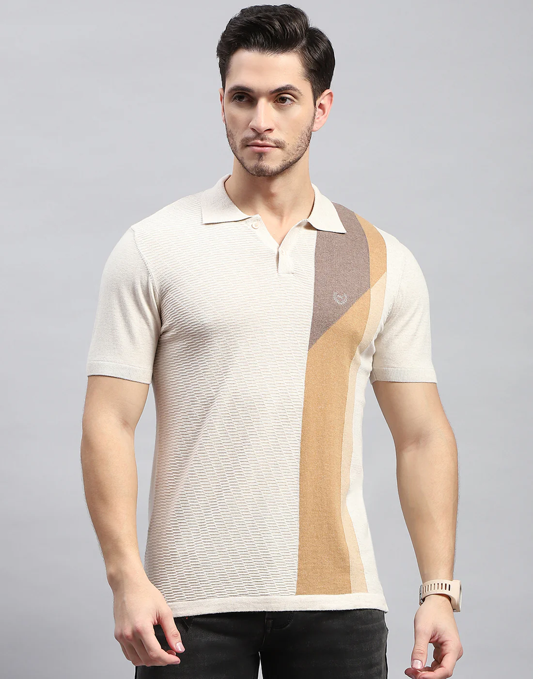Men Beige Stripe Polo Collar Half Sleeve T-Shirt - Image 3