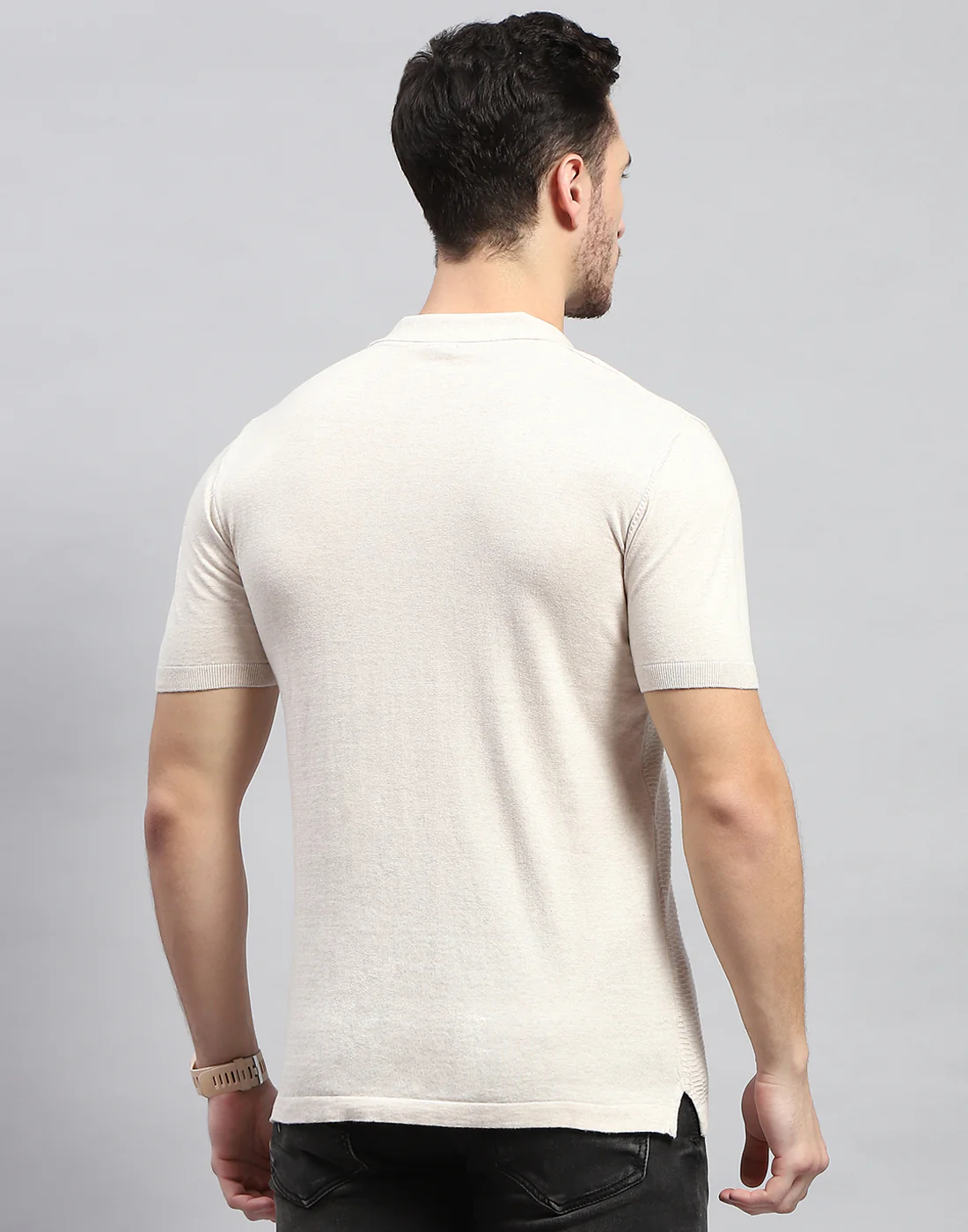 Men Beige Stripe Polo Collar Half Sleeve T-Shirt - Image 6