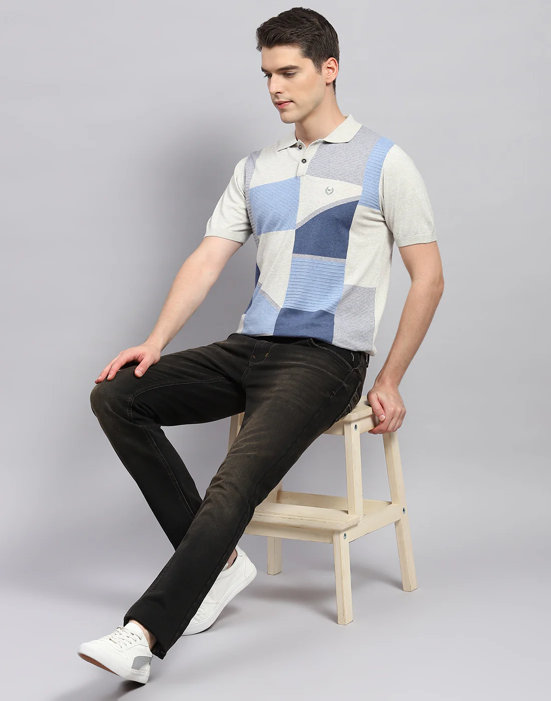 Men Beige Stripe Polo Collar Half Sleeve T-Shirt - Image 2