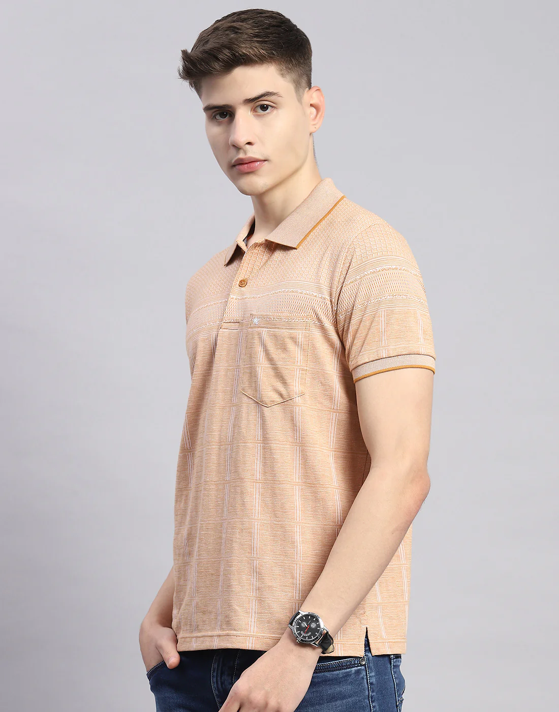 Men Beige Stripe Polo Collar Half Sleeve T-Shirt - Image 4