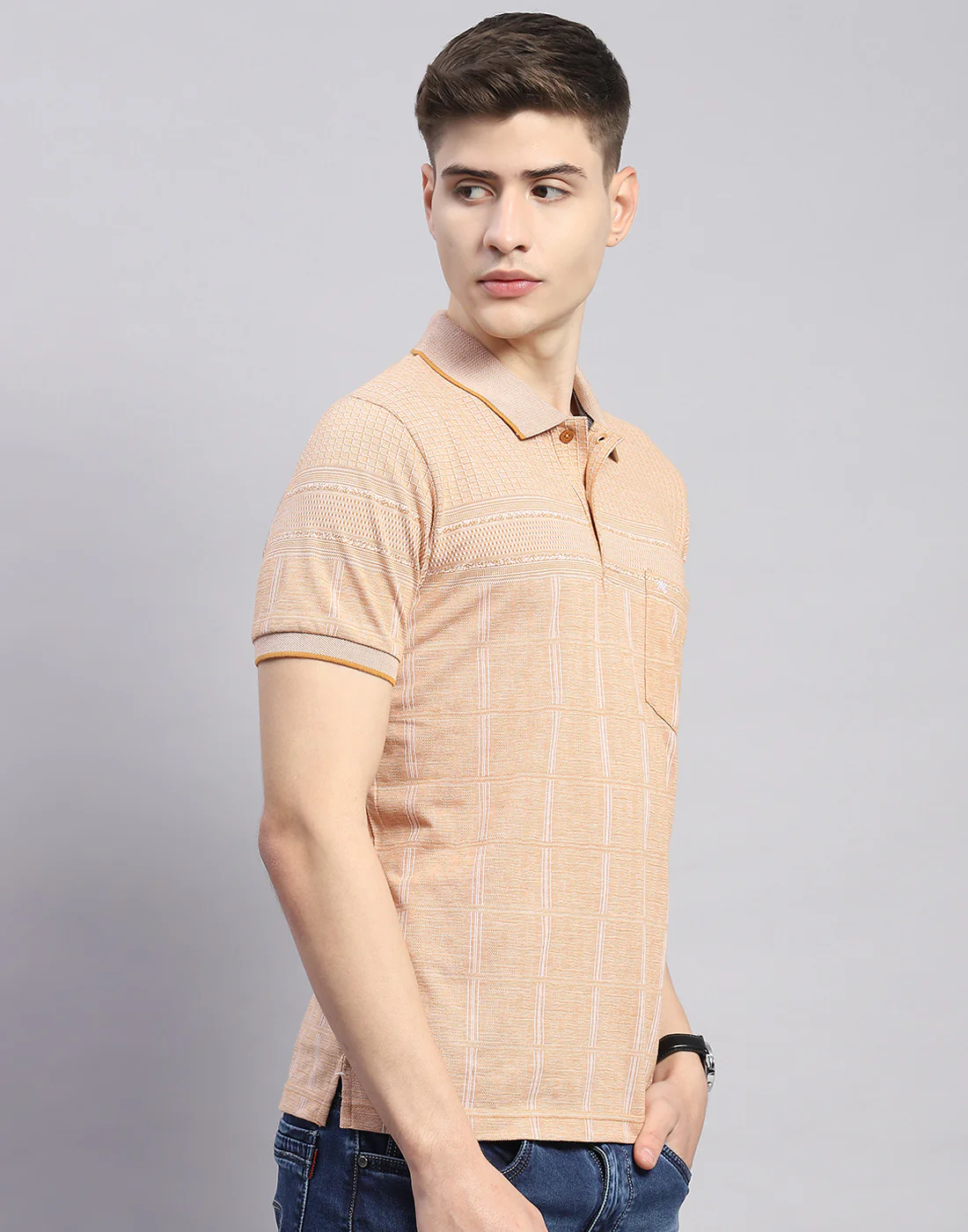Men Beige Stripe Polo Collar Half Sleeve T-Shirt - Image 5