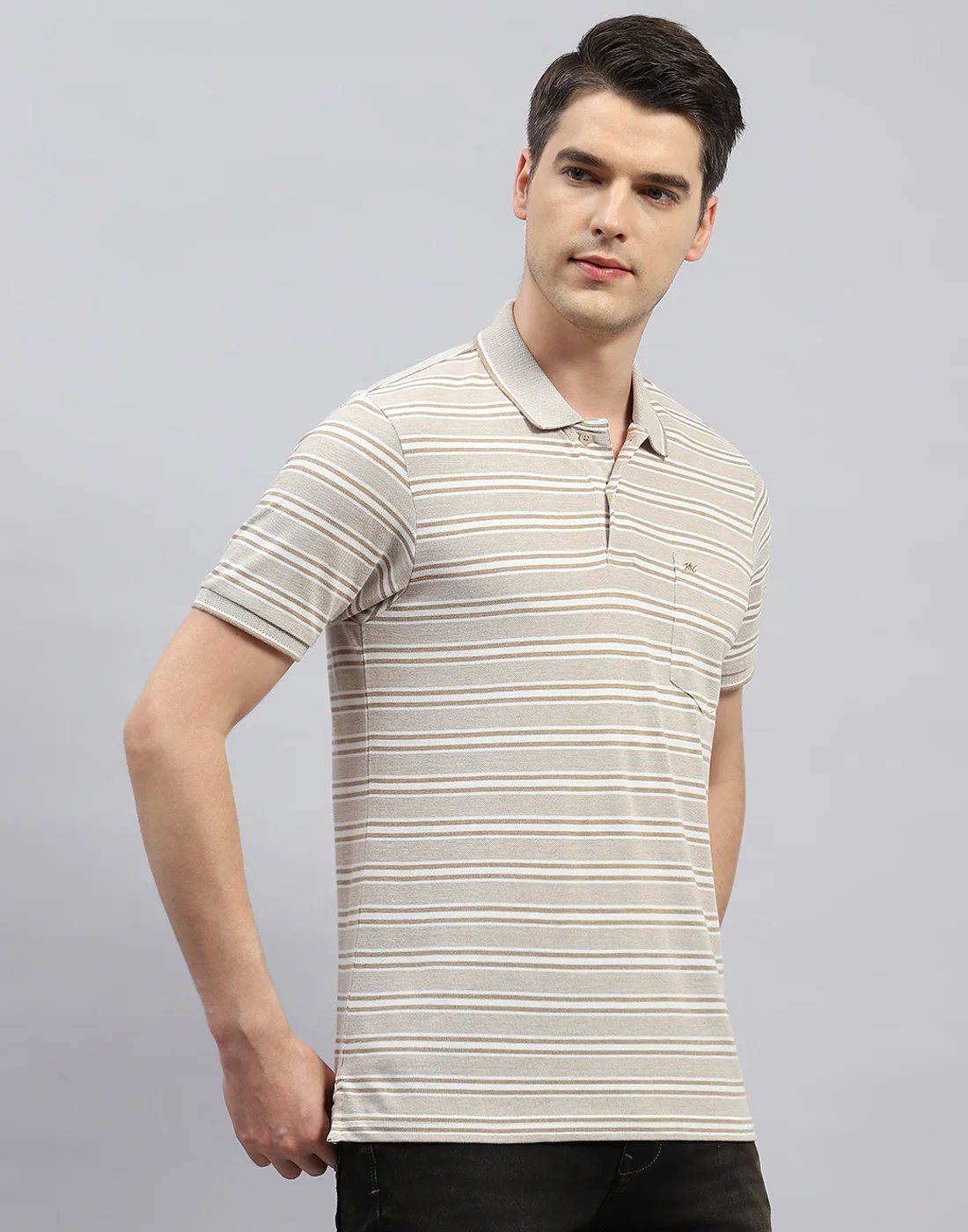 Men Beige Stripe Polo Collar Half Sleeve T-Shirt - Image 4