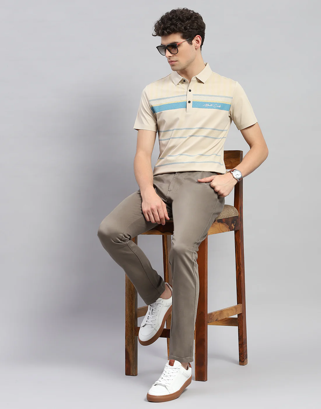 Men Beige Stripe Polo Collar Half Sleeve T-Shirt - Image 2
