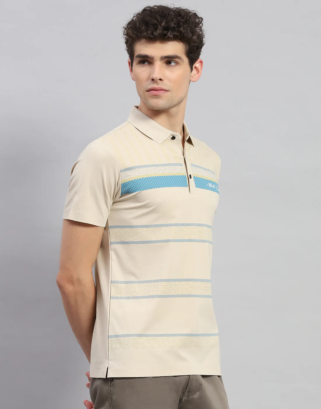 Men Beige Stripe Polo Collar Half Sleeve T-Shirt - Image 4