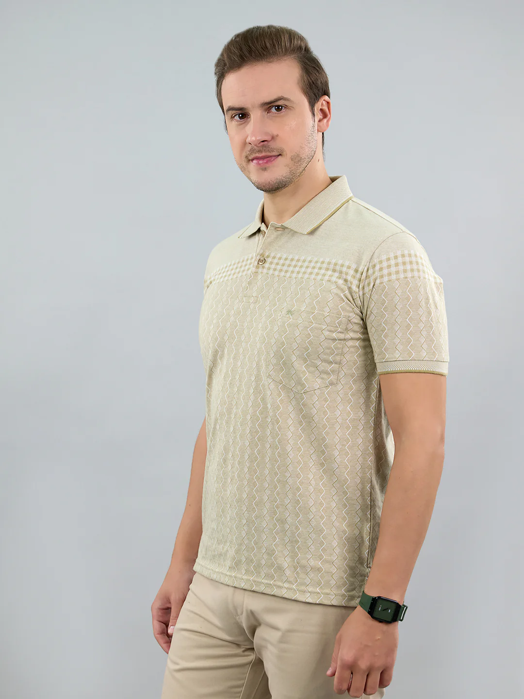 Men Beige Stripe Polo Collar Half Sleeve T-Shirt - Image 3