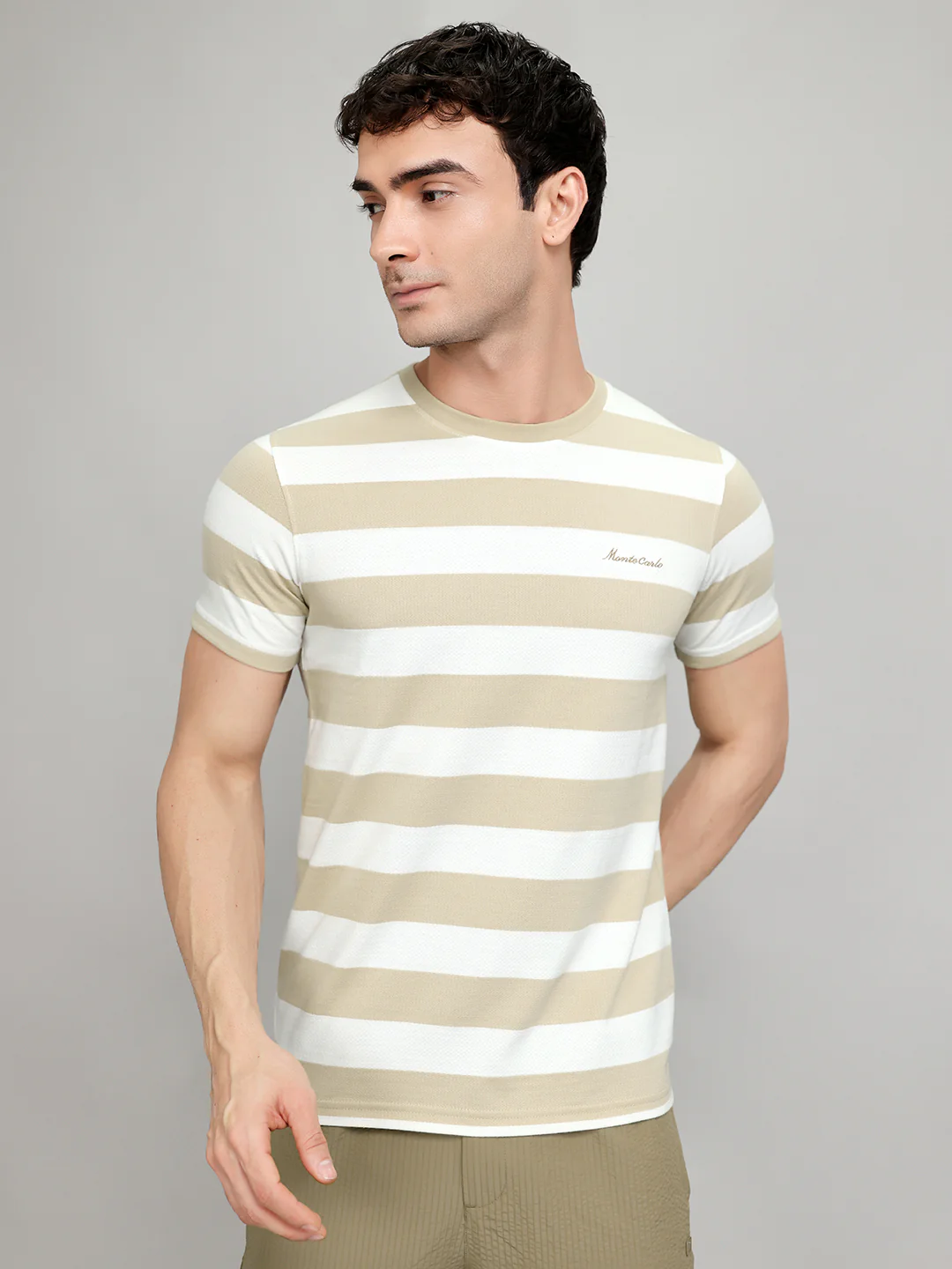 Men Beige Stripe Round Neck Half Sleeve T-Shirt - Image 2