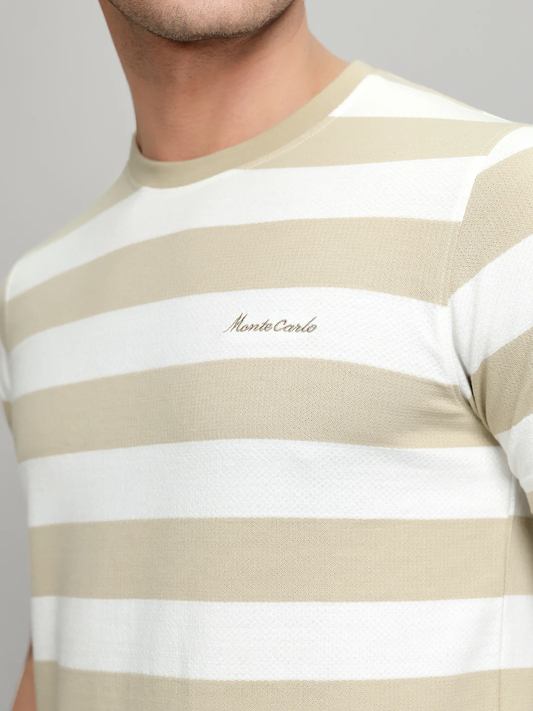 Men Beige Stripe Round Neck Half Sleeve T-Shirt - Image 5