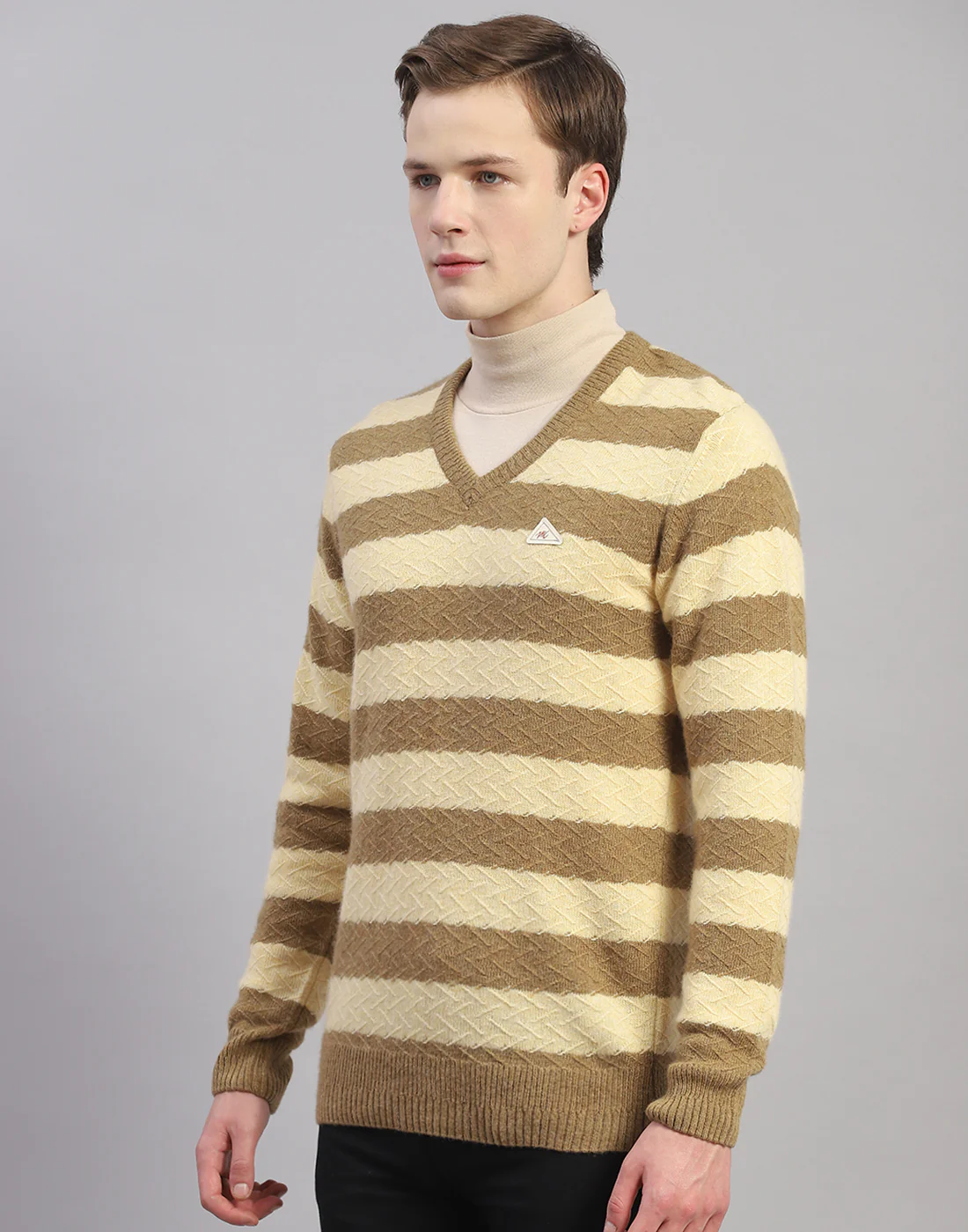 Men Beige Stripe V Neck Full Sleeve Pullover - Image 4