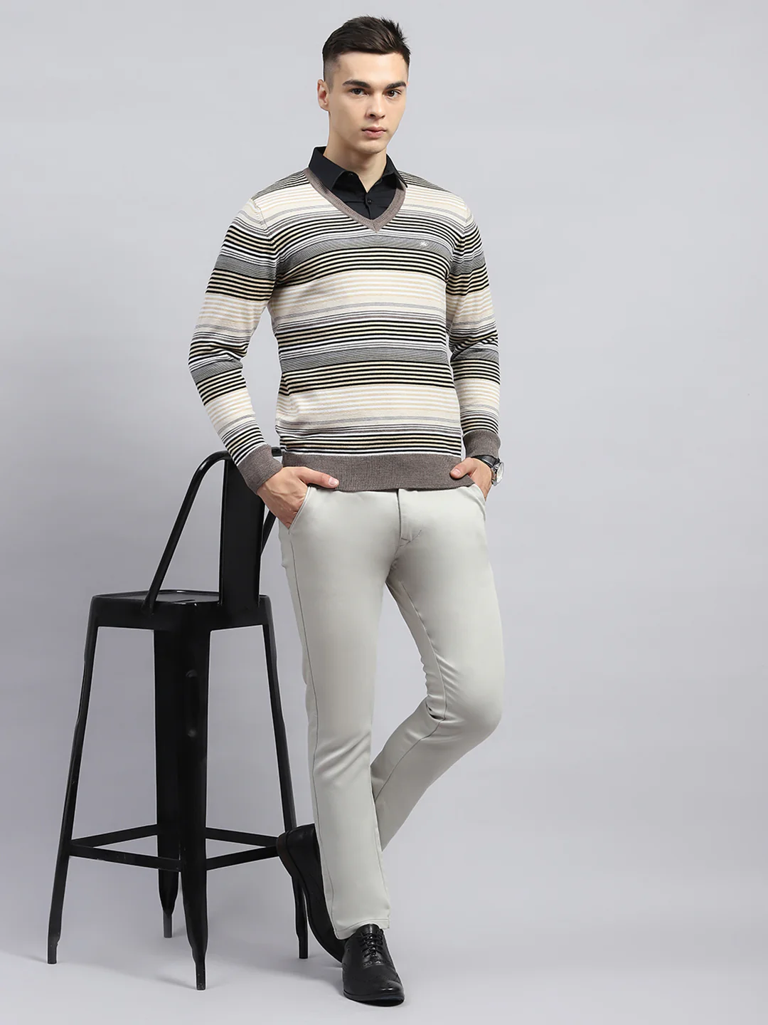 Men Beige Stripe V Neck Full Sleeve Pullover - Image 2