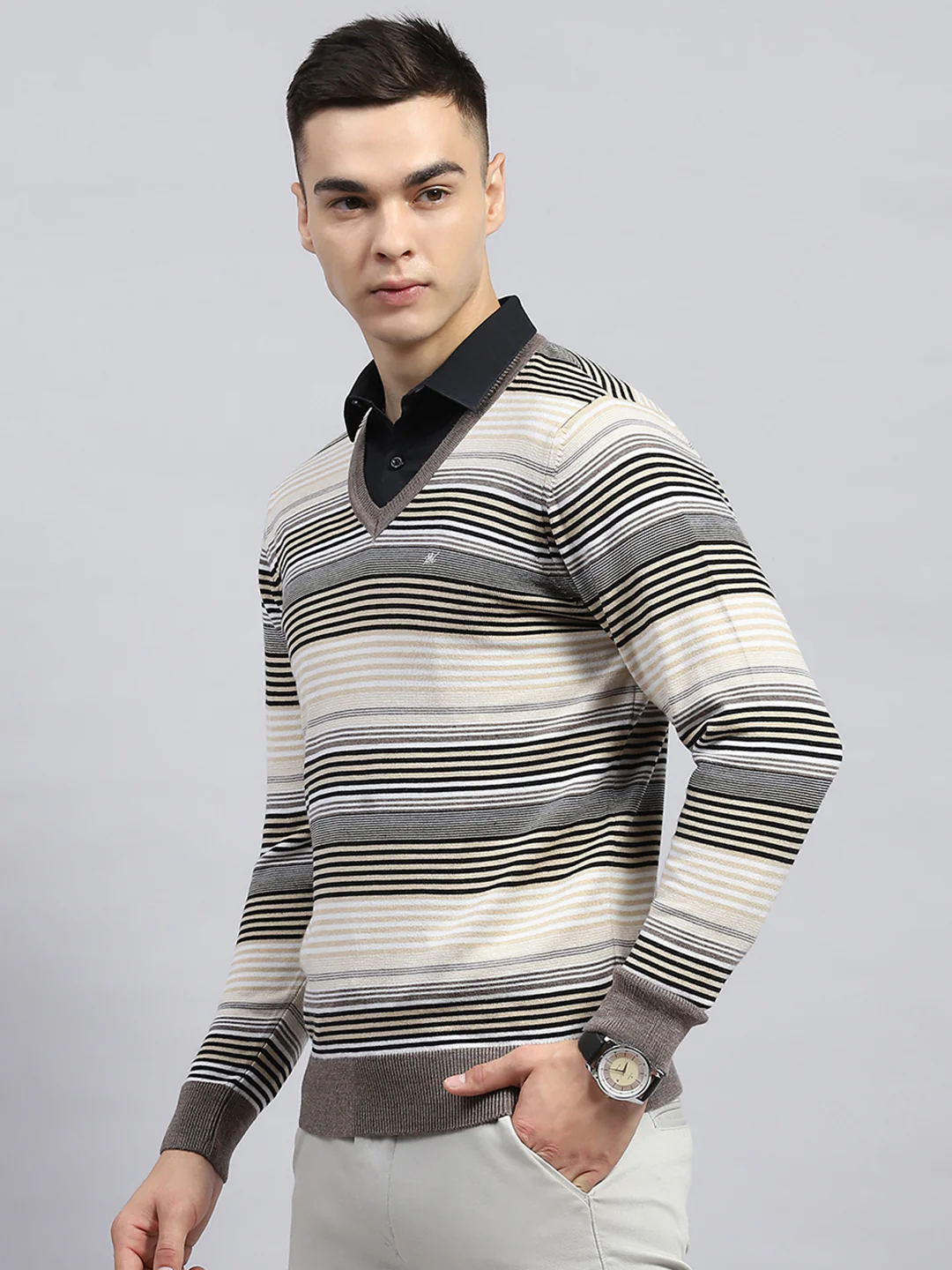 Men Beige Stripe V Neck Full Sleeve Pullover - Image 3