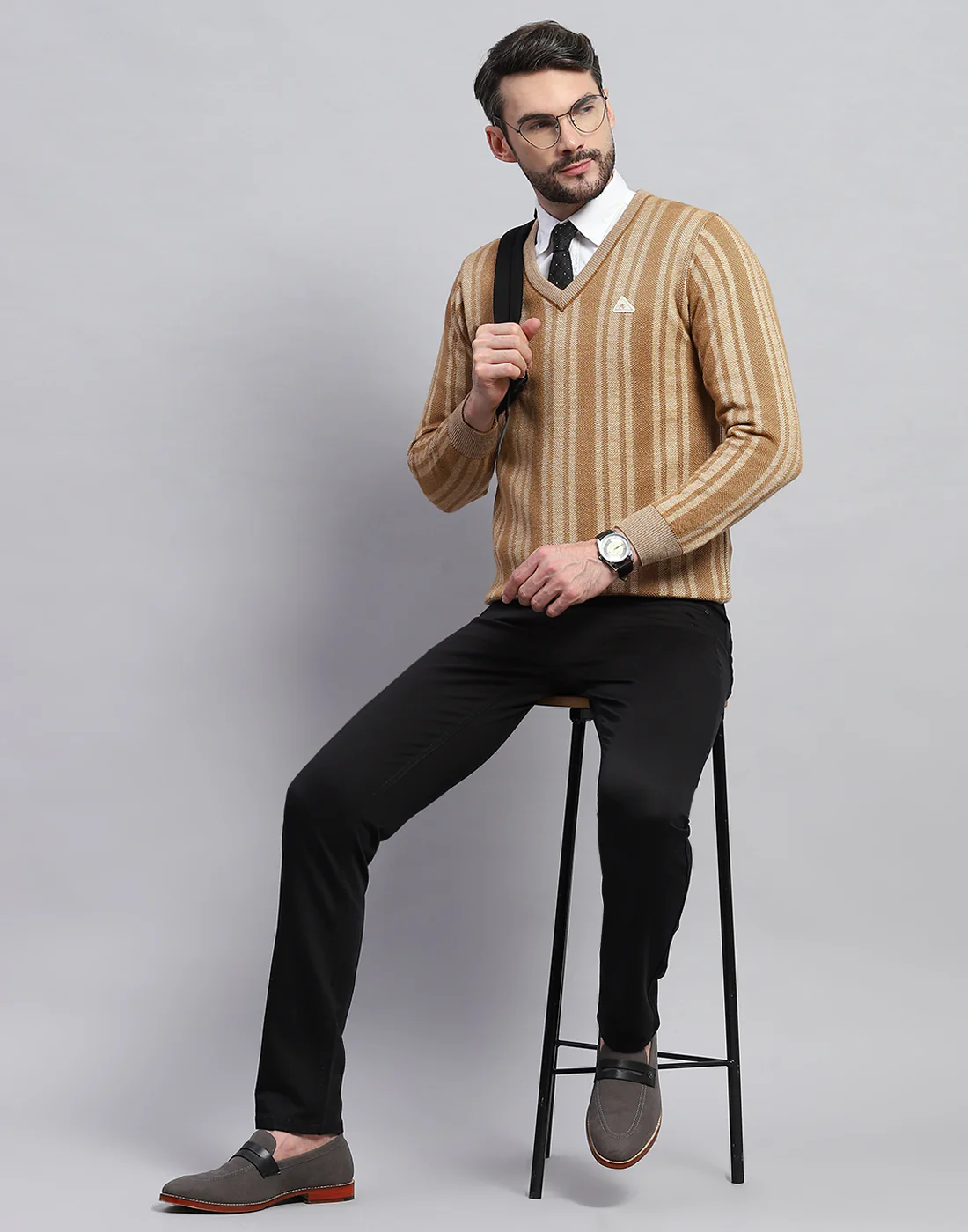 Men Beige Stripe V Neck Full Sleeve Pullover - Image 2