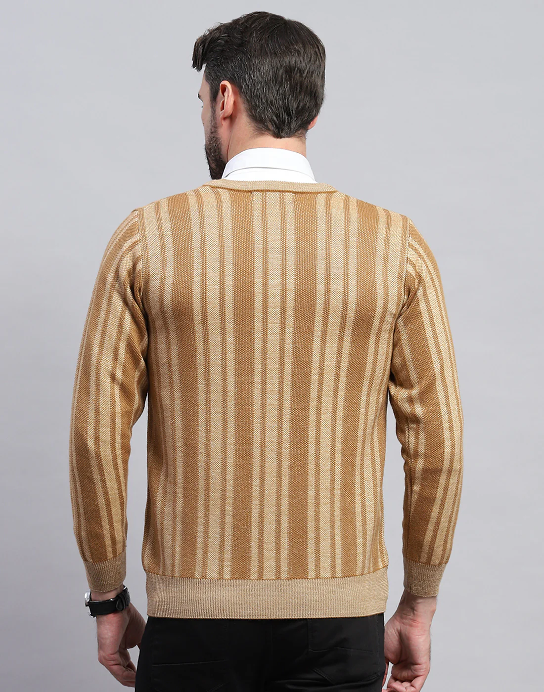 Men Beige Stripe V Neck Full Sleeve Pullover - Image 5