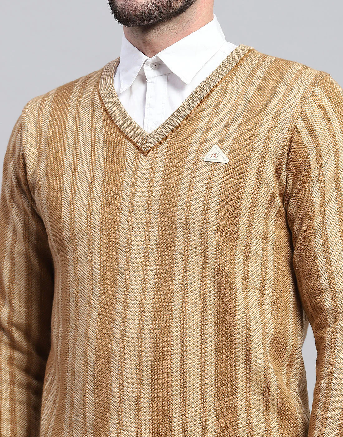 Men Beige Stripe V Neck Full Sleeve Pullover - Image 6