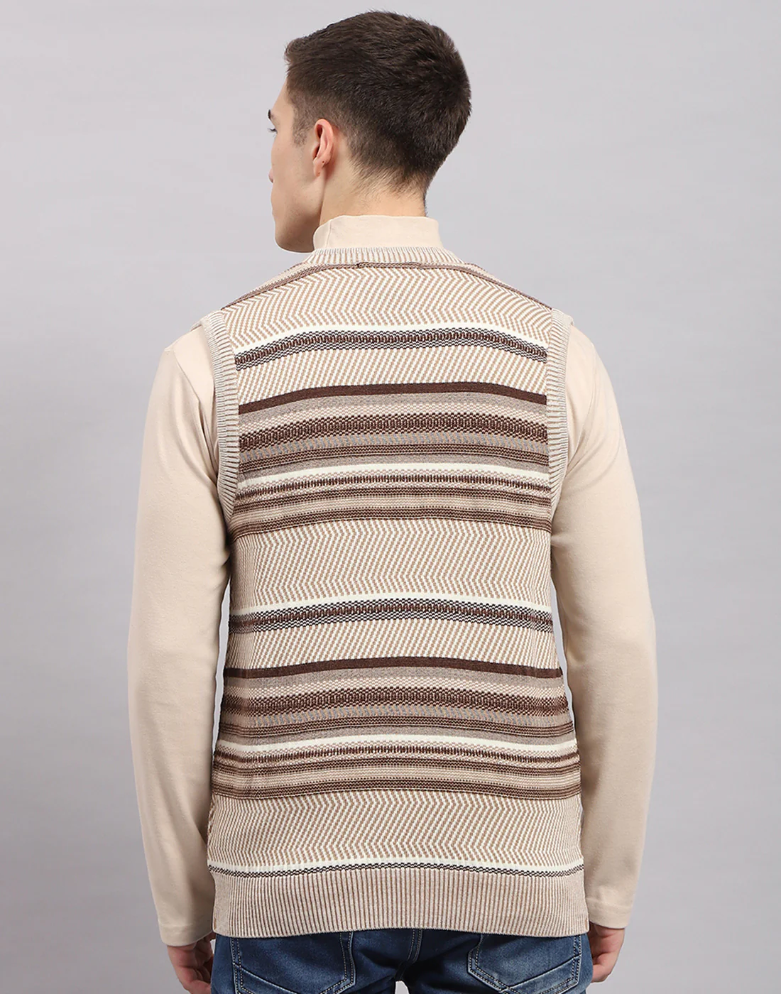 Men Beige Stripe V Neck Sleeveless Sweater - Image 5