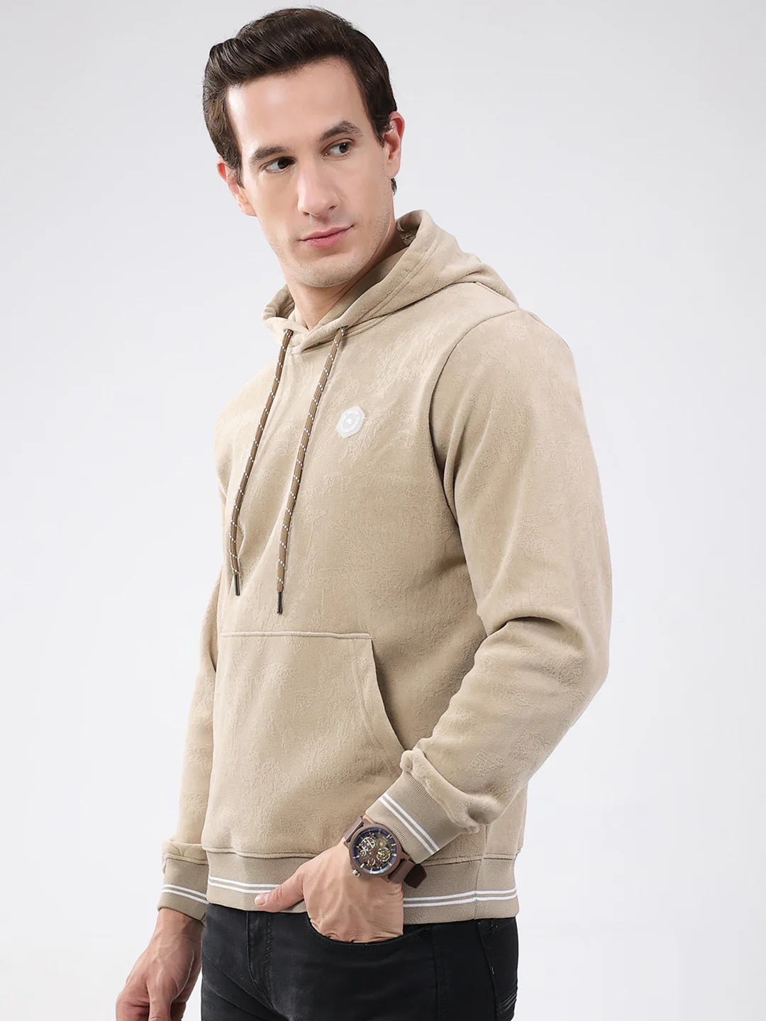 Men Beige Super Soft Hooded Sweatshirt - Extra Warm - Image 3