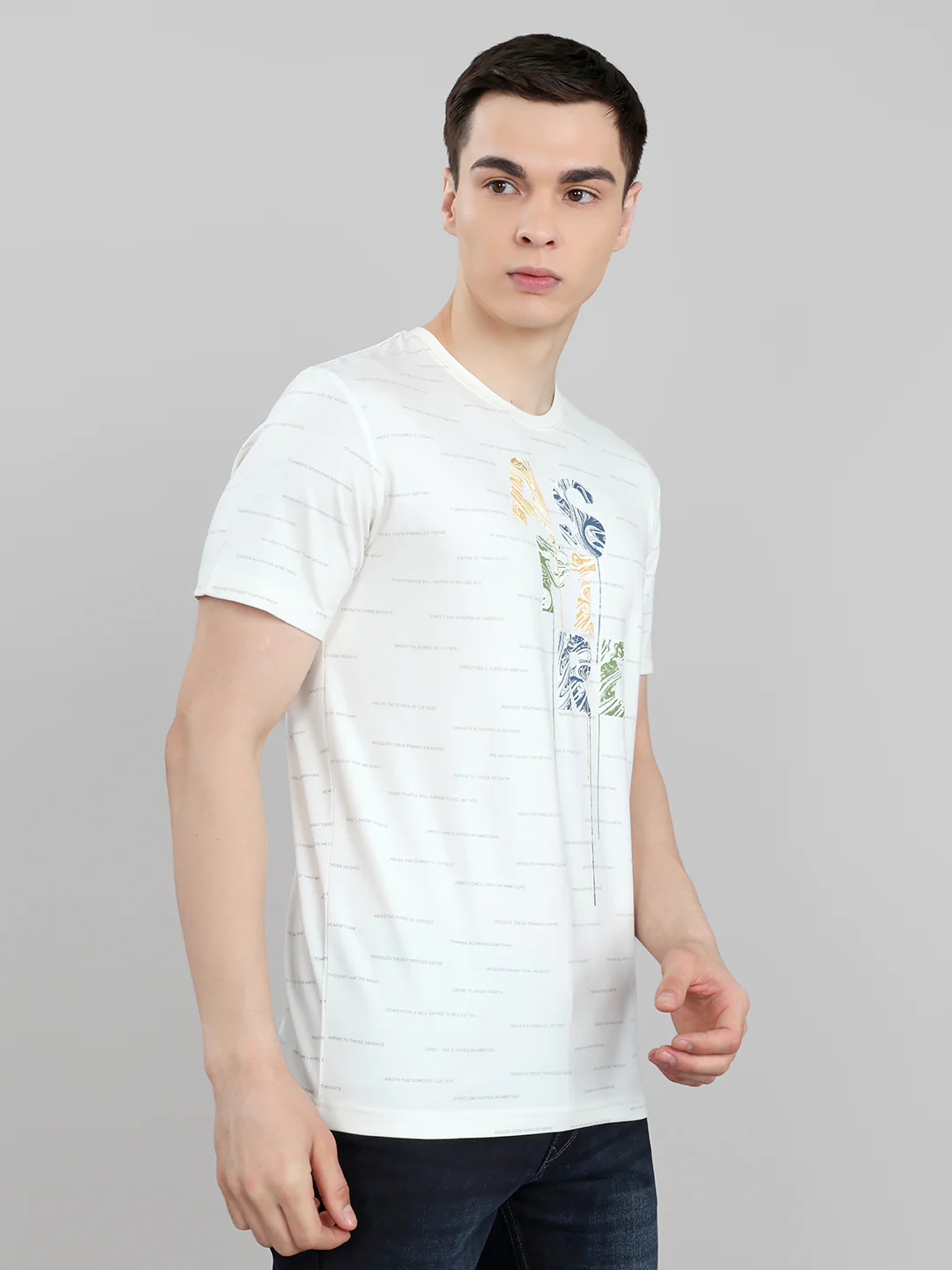 Men Beige Typography Print Round Neck Half Sleeve T-Shirt - Image 3