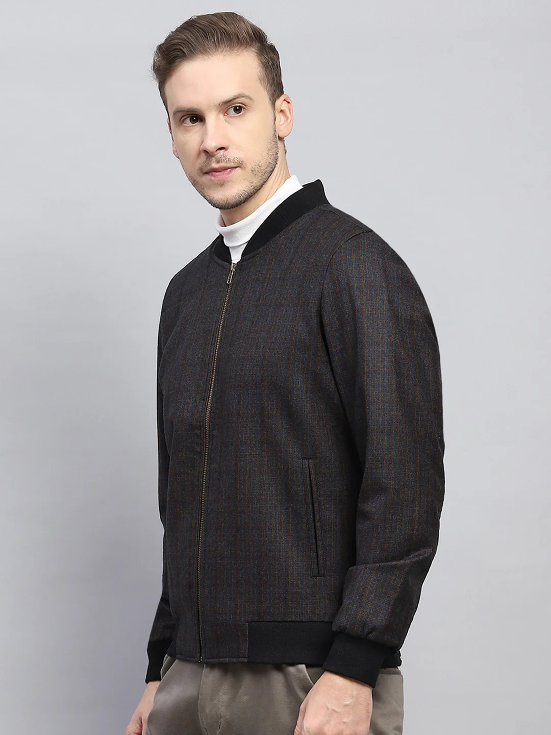 Men Black & Brown Check Round Neck Full Sleeve Coat - Image 3
