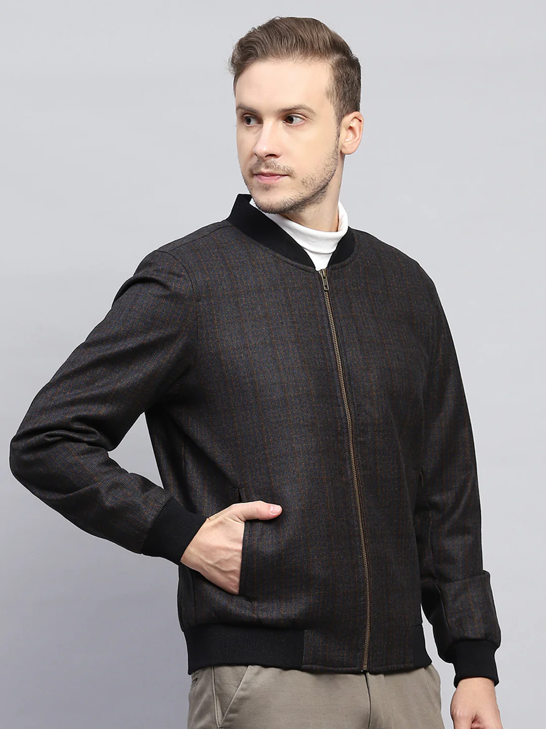 Men Black & Brown Check Round Neck Full Sleeve Coat - Image 4