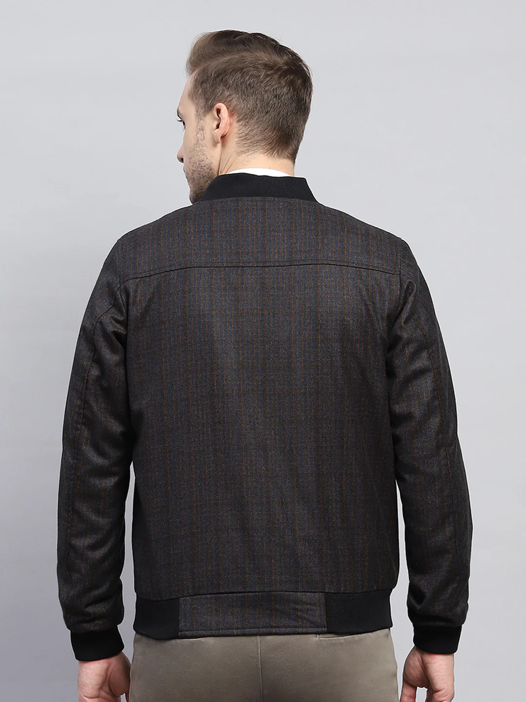 Men Black & Brown Check Round Neck Full Sleeve Coat - Image 5