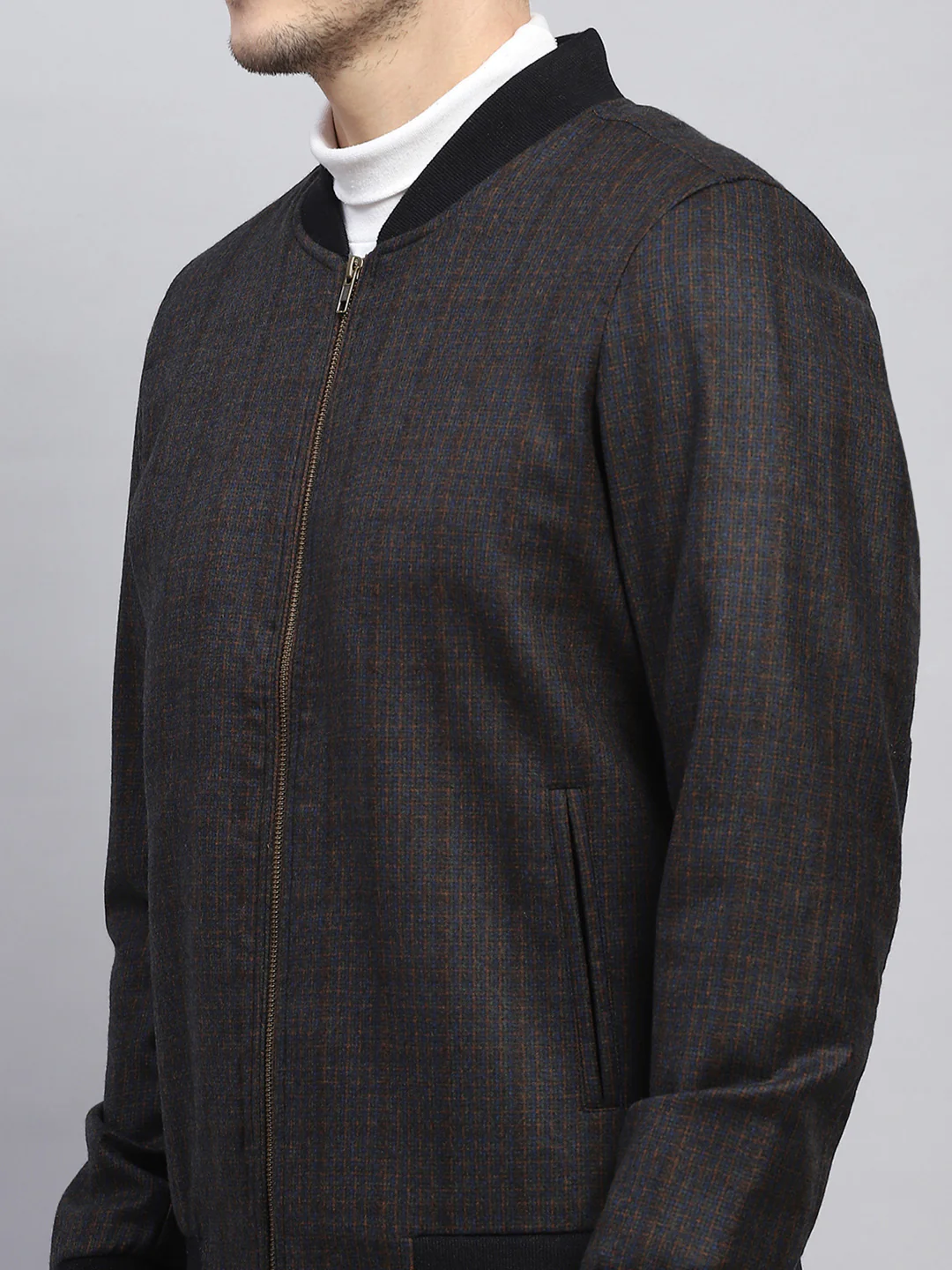 Men Black & Brown Check Round Neck Full Sleeve Coat - Image 6
