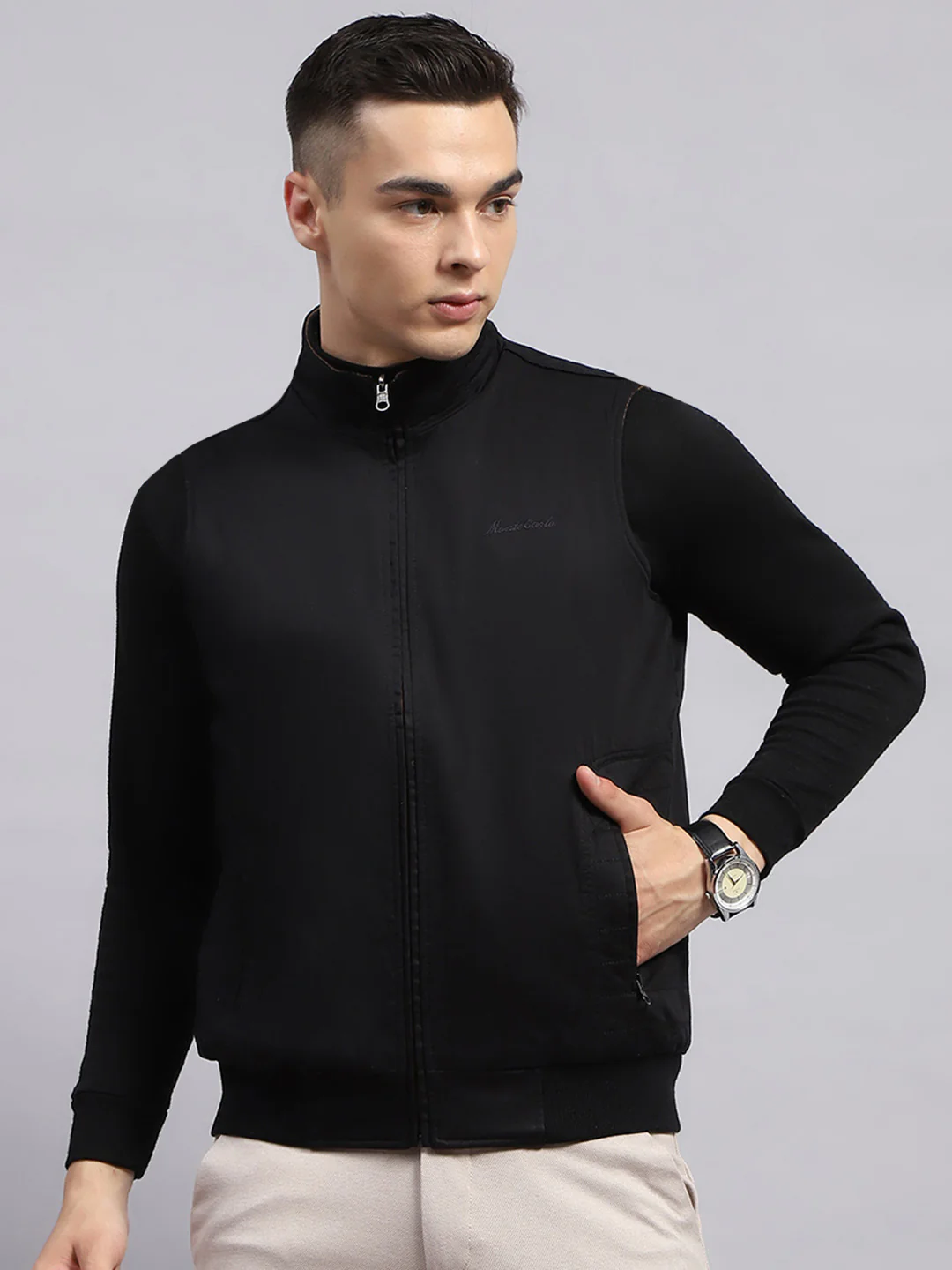 Men Black & Brown Self Design Mock Neck Sleeveless Reversible Jacket - Image 5