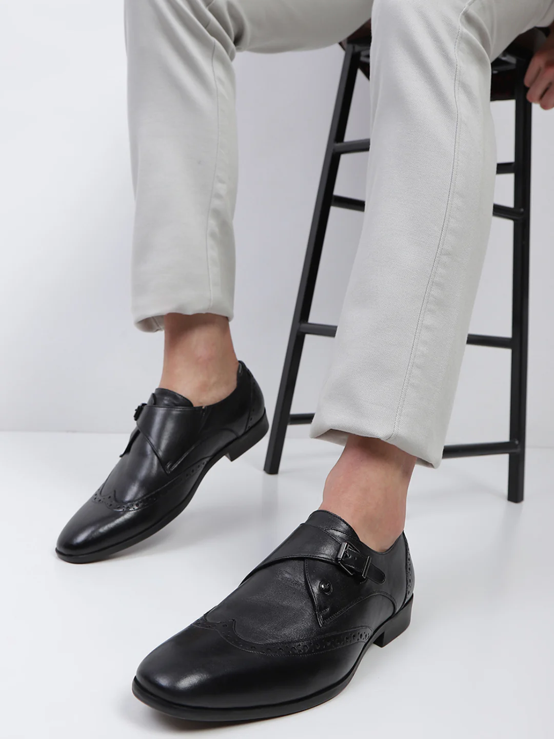 Men Black Buckle Genuine Leather Formal Monks - Image 10