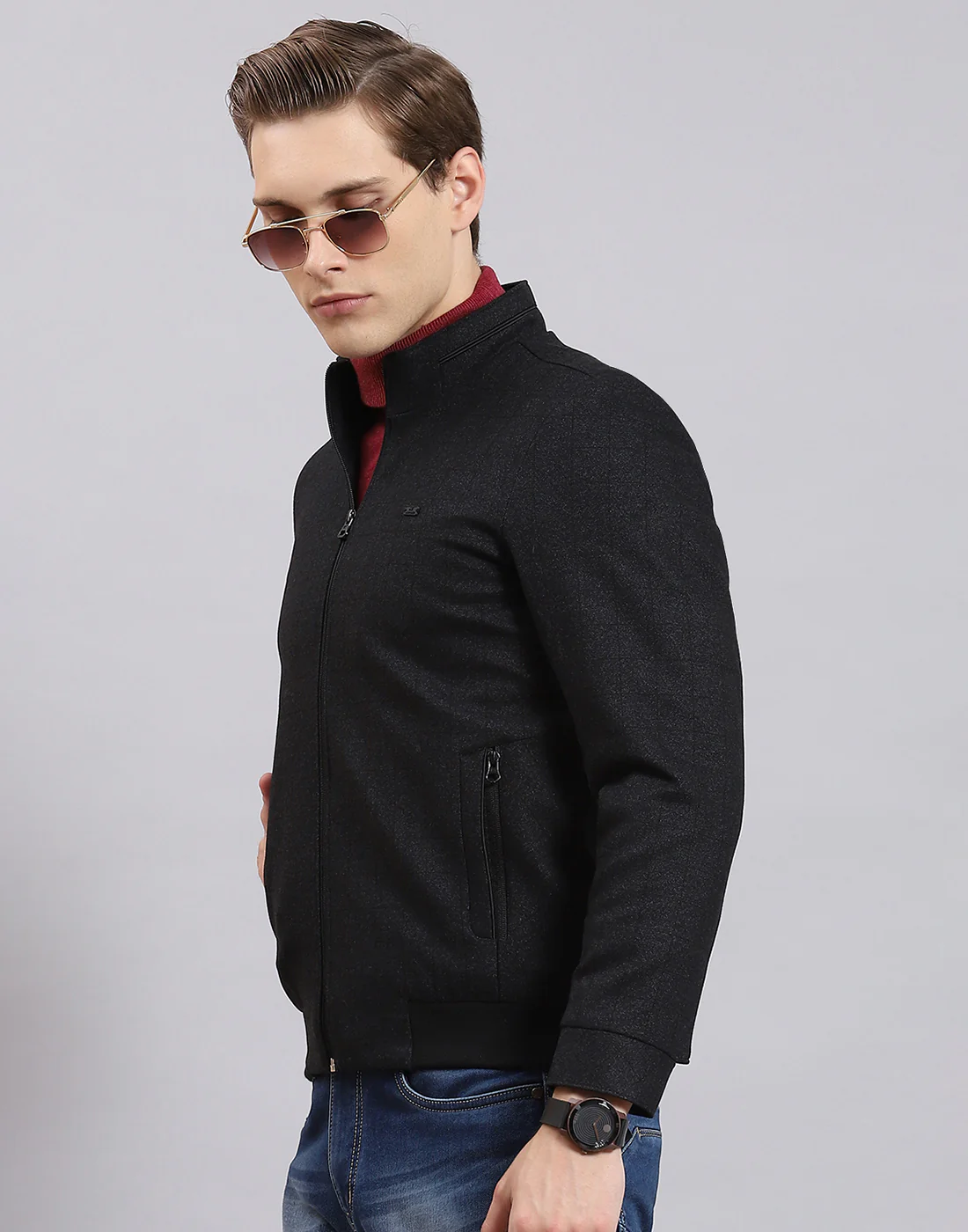Men Black Check Collar Full Sleeve Jacket - Image 3