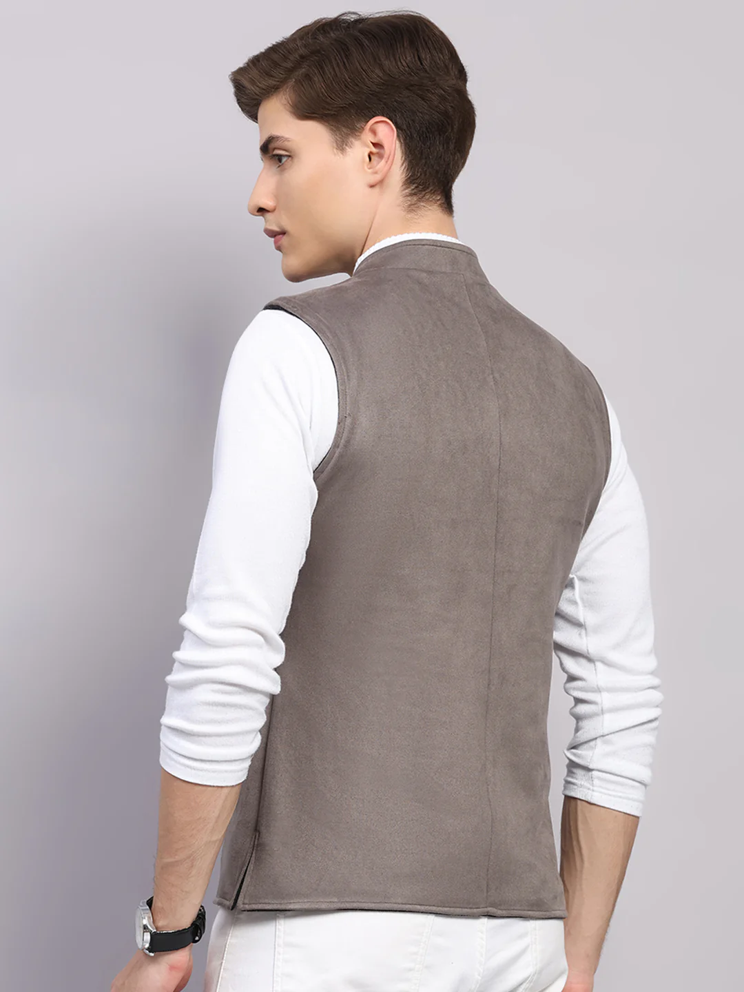 Men Black Check Collar Sleeveless Nehru Jacket - Image 8