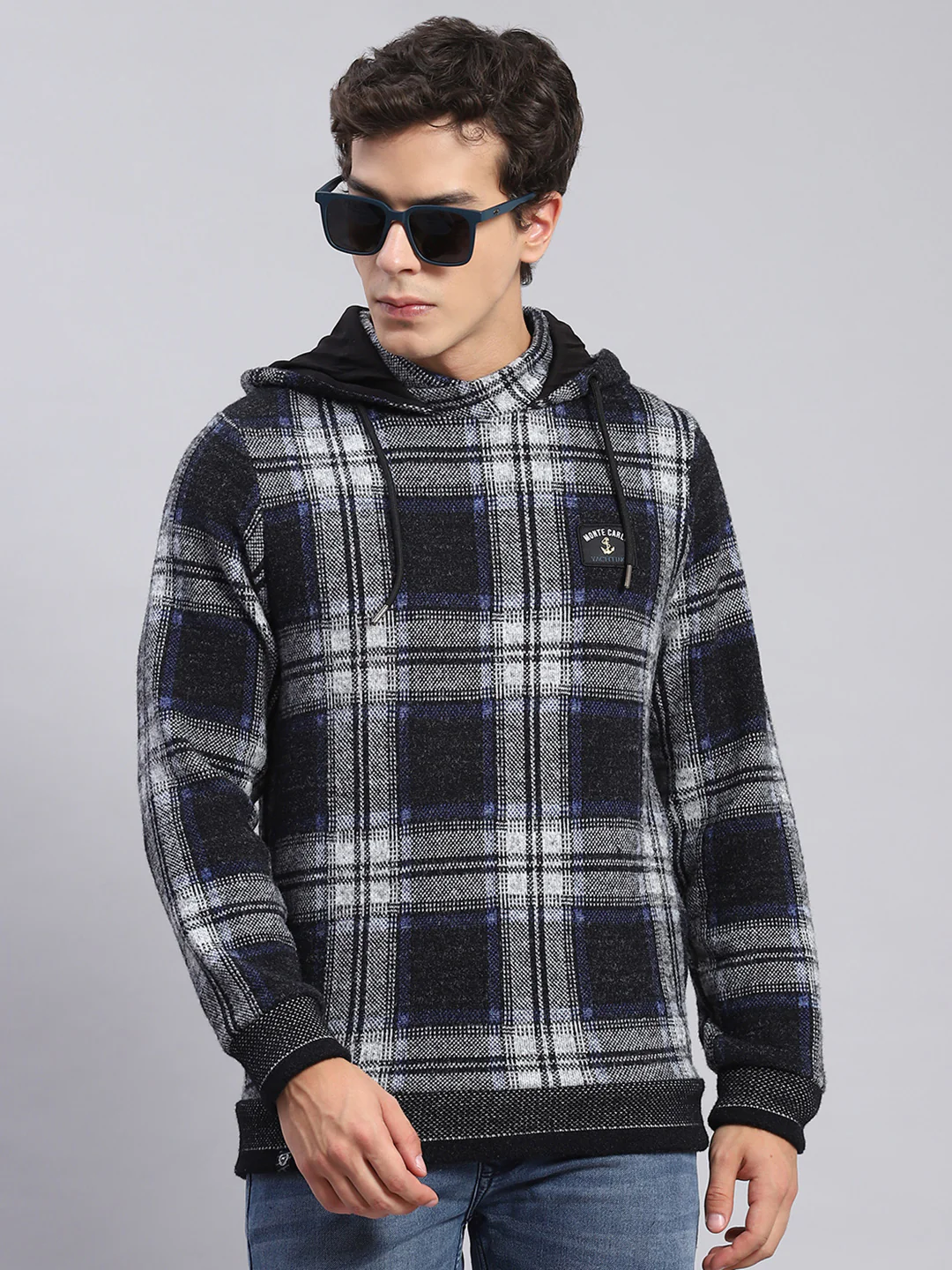 Men Black Check Hooded Full Sleeve Sweatshirts - Image 2