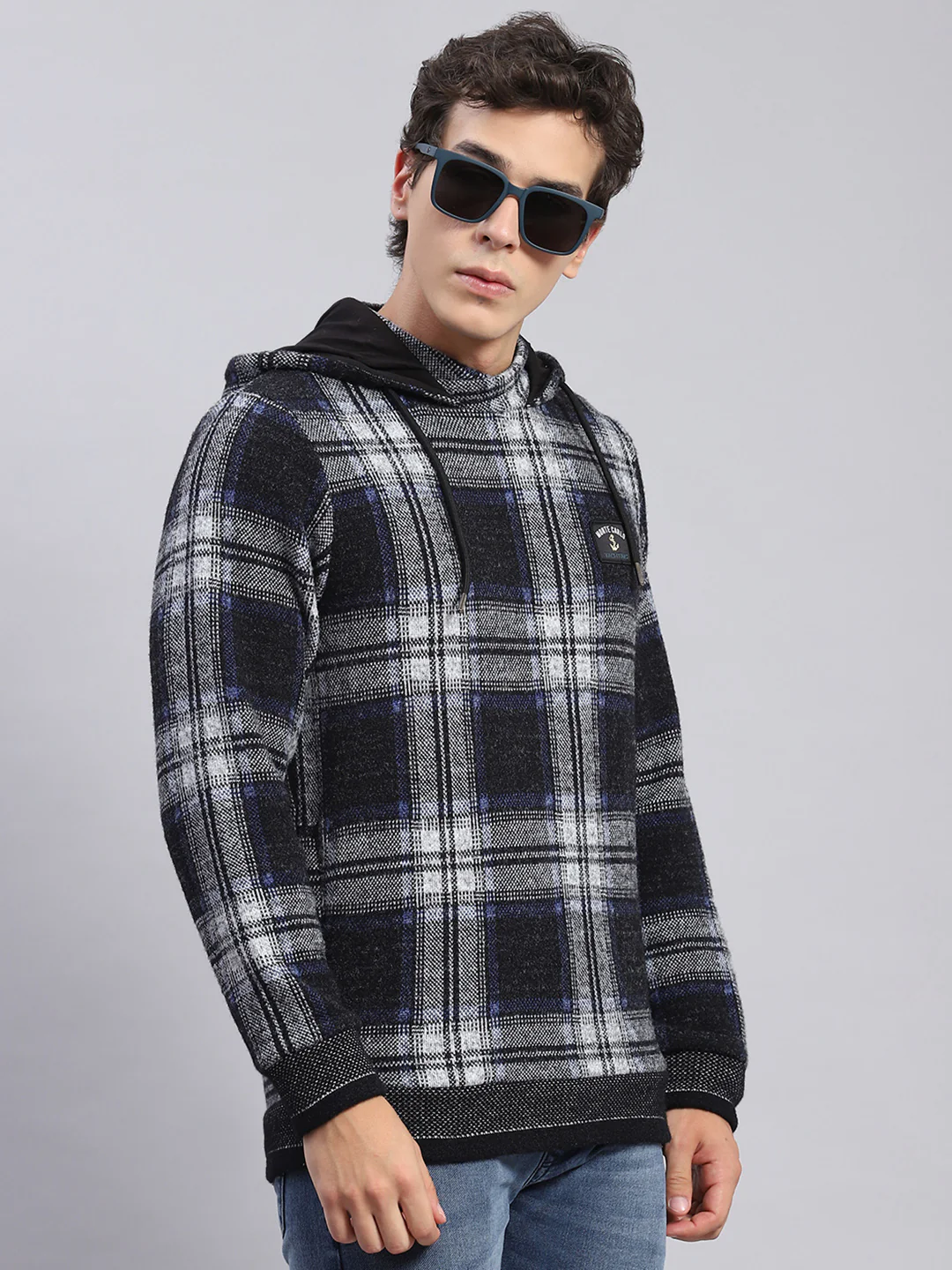Men Black Check Hooded Full Sleeve Sweatshirts - Image 4