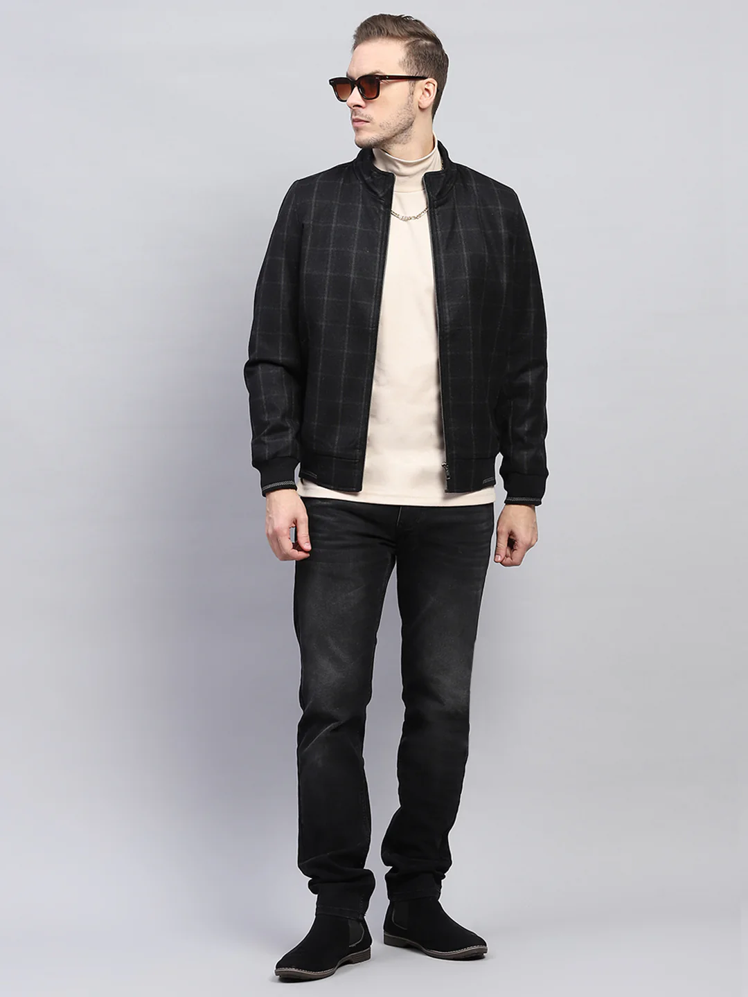 Men Black Check Mock Neck Full Sleeve Coat - Image 2