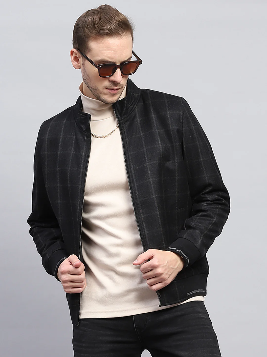 Men Black Check Mock Neck Full Sleeve Coat - Image 6