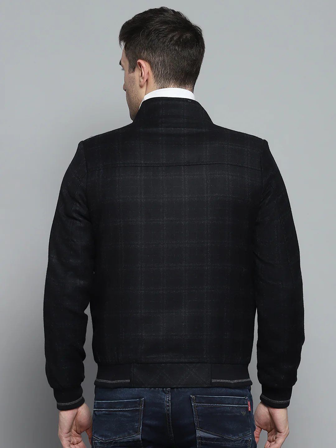 Men Black Check Mock Neck Full Sleeve Jacket - Image 5