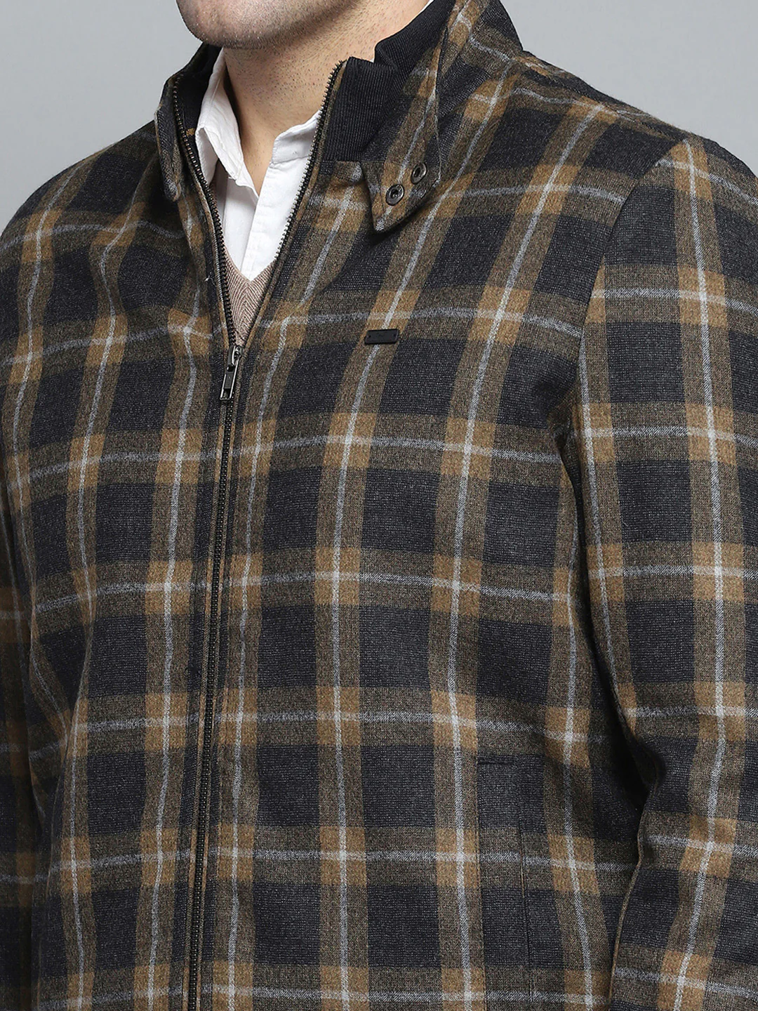 Men Black Check Mock Neck Full Sleeve Jacket - Image 7