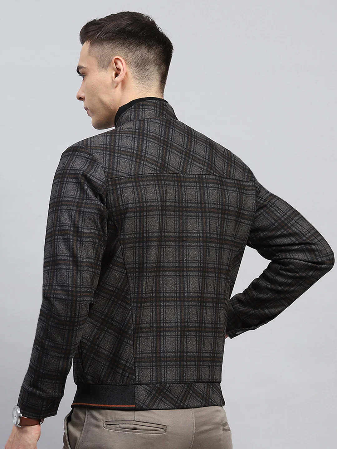 Men Black Check Mock Neck Full Sleeve Knitted Jacket - Image 5