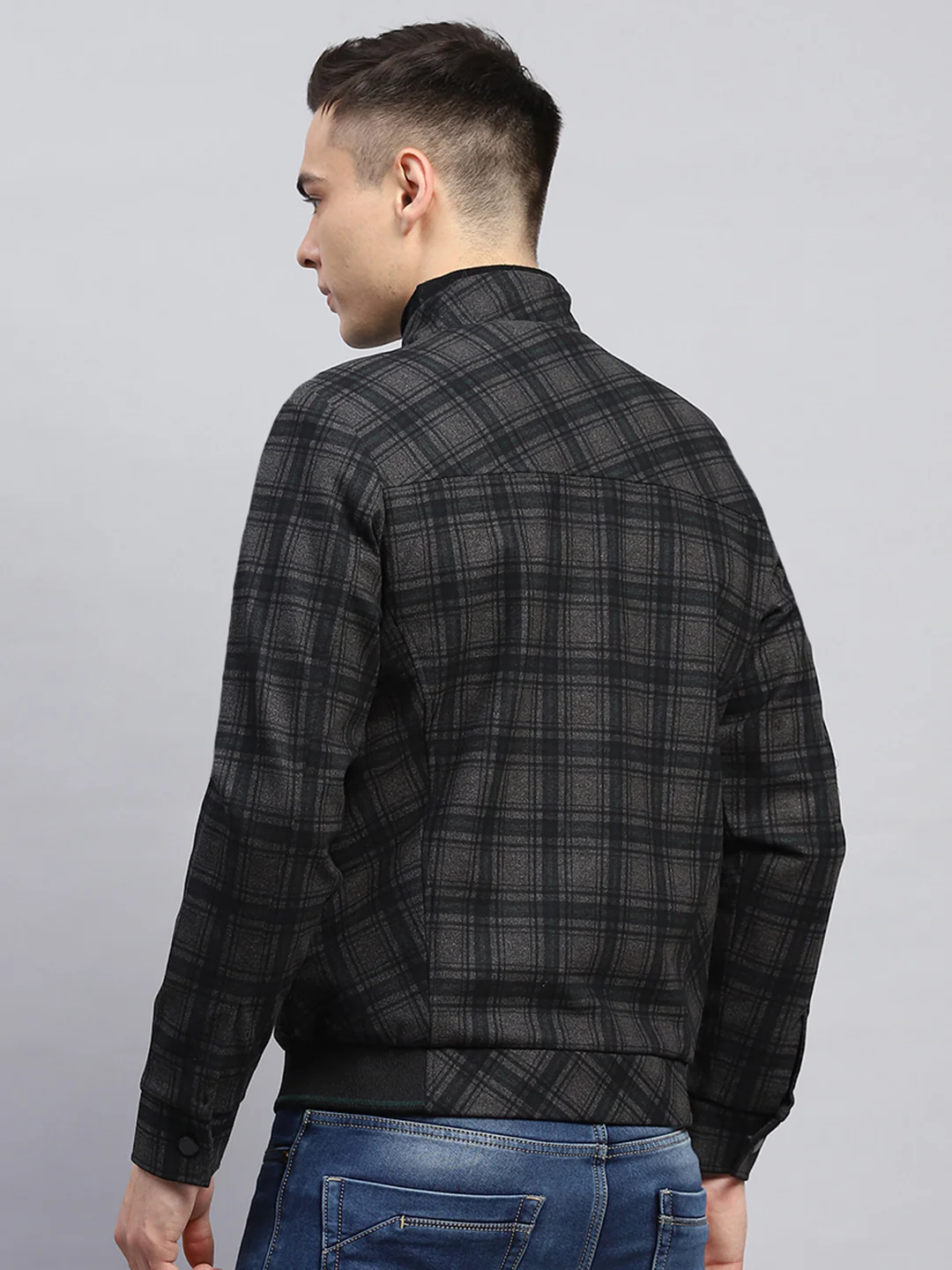 Men Black Check Mock Neck Full Sleeve Knitted Jacket - Image 5