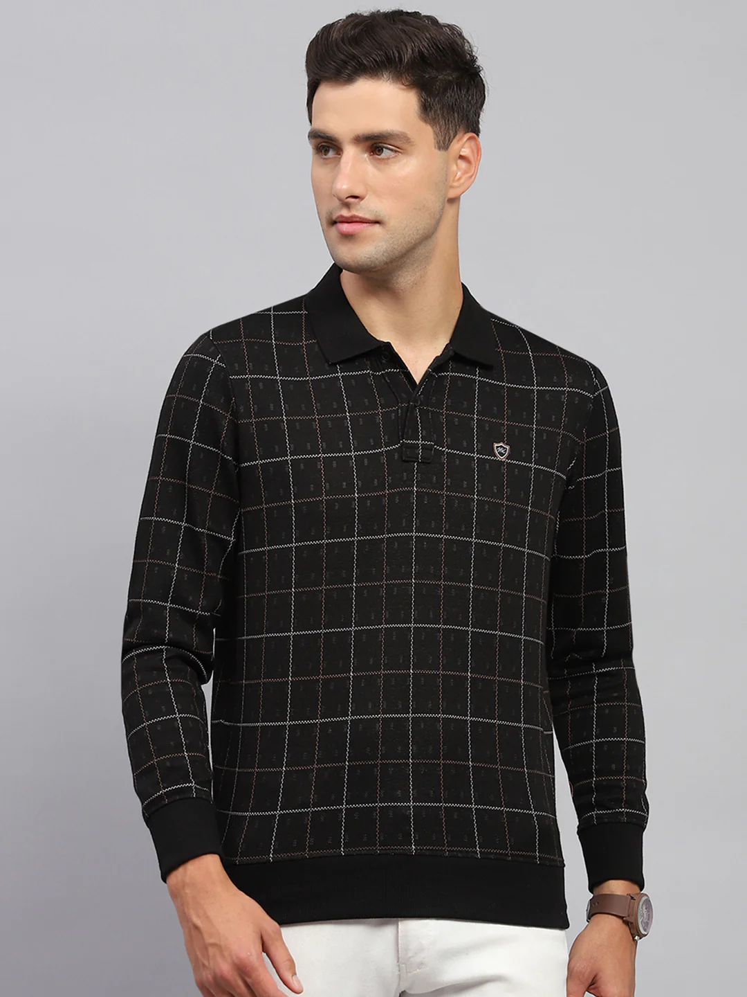Men Black Check Polo Collar Full Sleeve Sweatshirt - Image 2