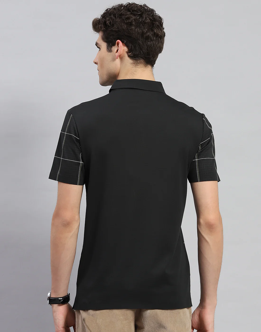 Men Black Check Polo Collar Half Sleeve T-Shirt - Image 5