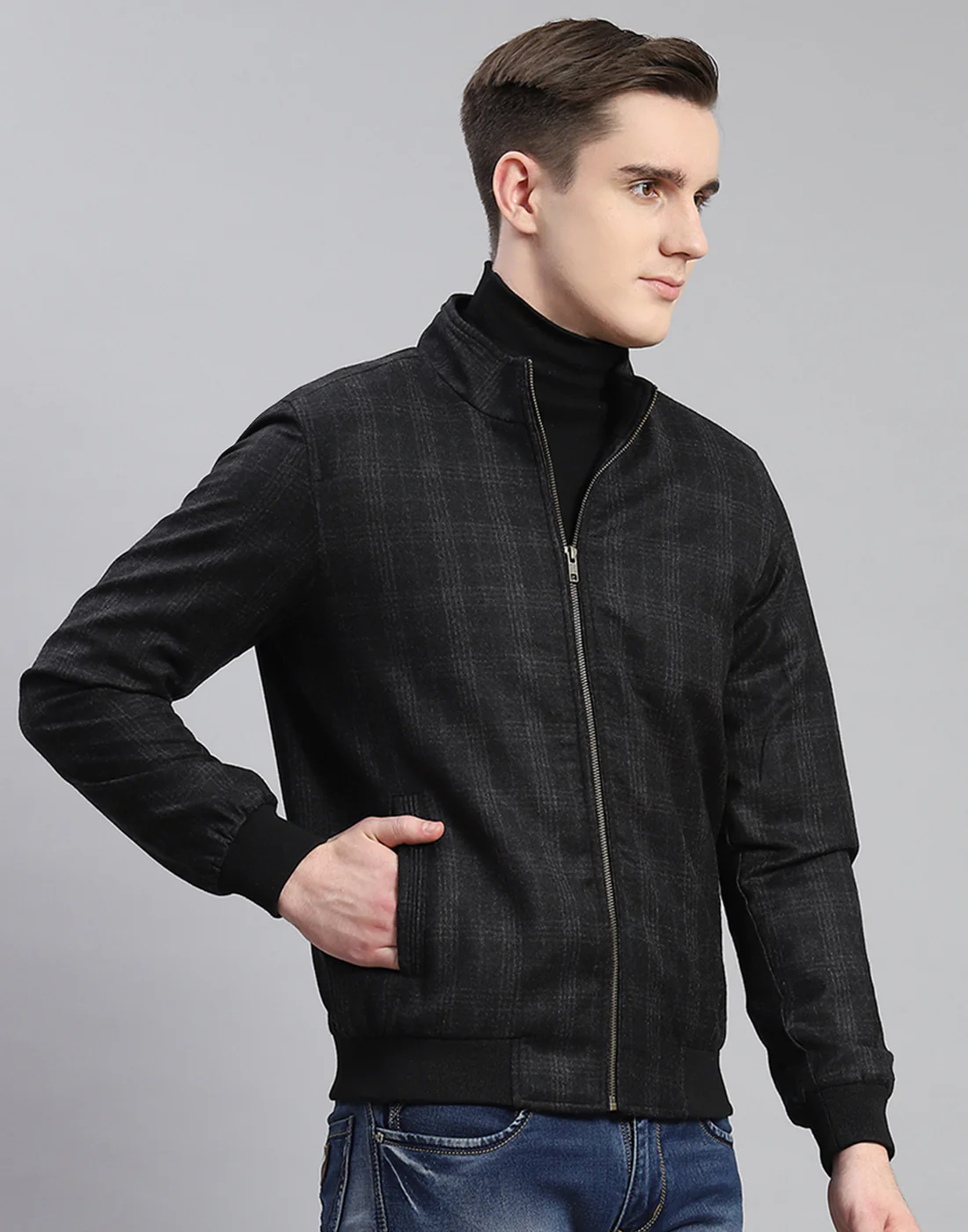 Men Black Check Stand Collar Full Sleeve Coat - Image 4