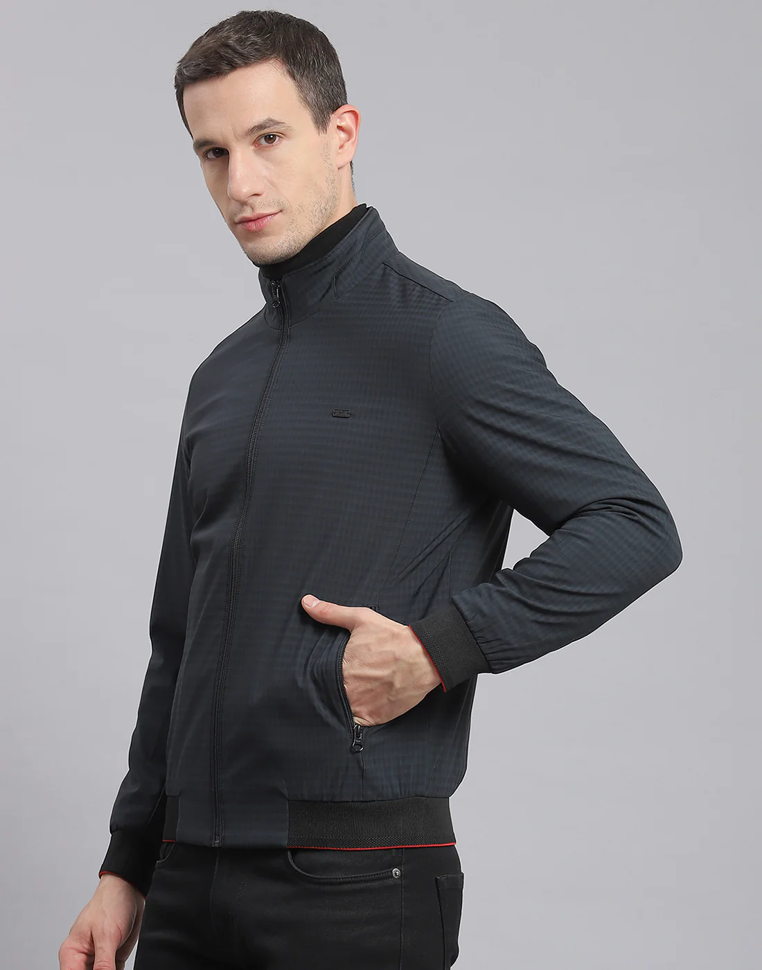 Men Black Check Stand Collar Full Sleeve Jacket - Image 3