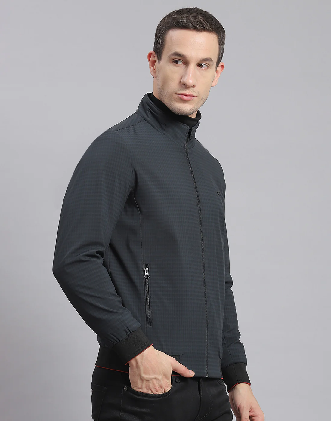 Men Black Check Stand Collar Full Sleeve Jacket - Image 4