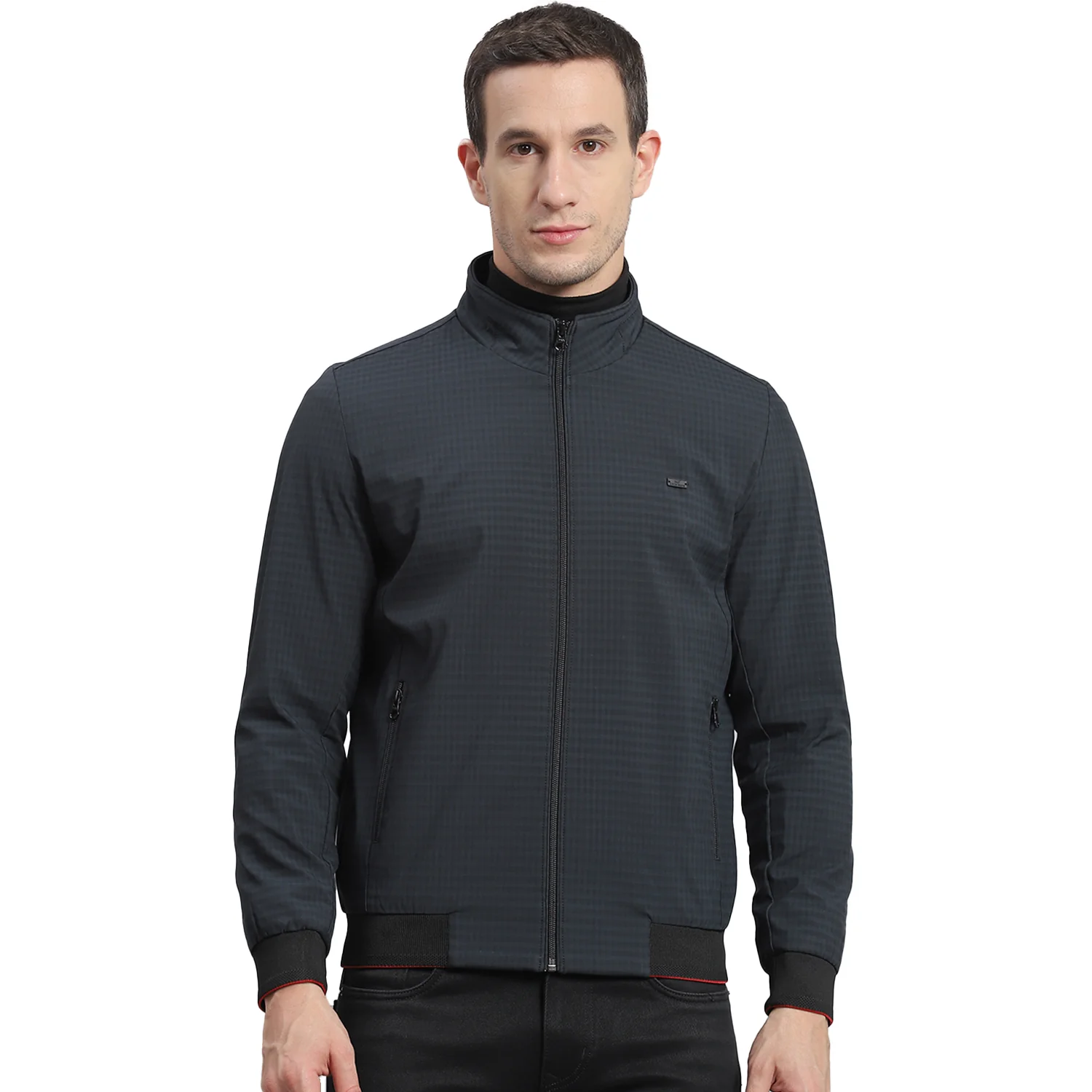 Men Black Check Stand Collar Full Sleeve Jacket - Image 5