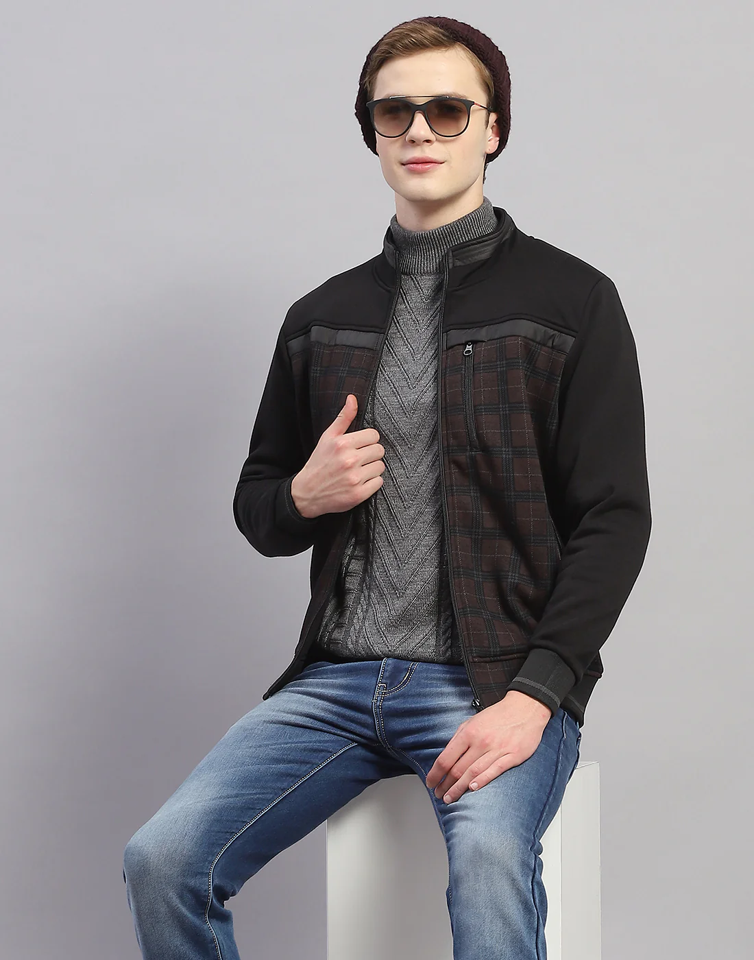 Men Black Check Stand Collar Full Sleeve Sweatshirt - Image 6