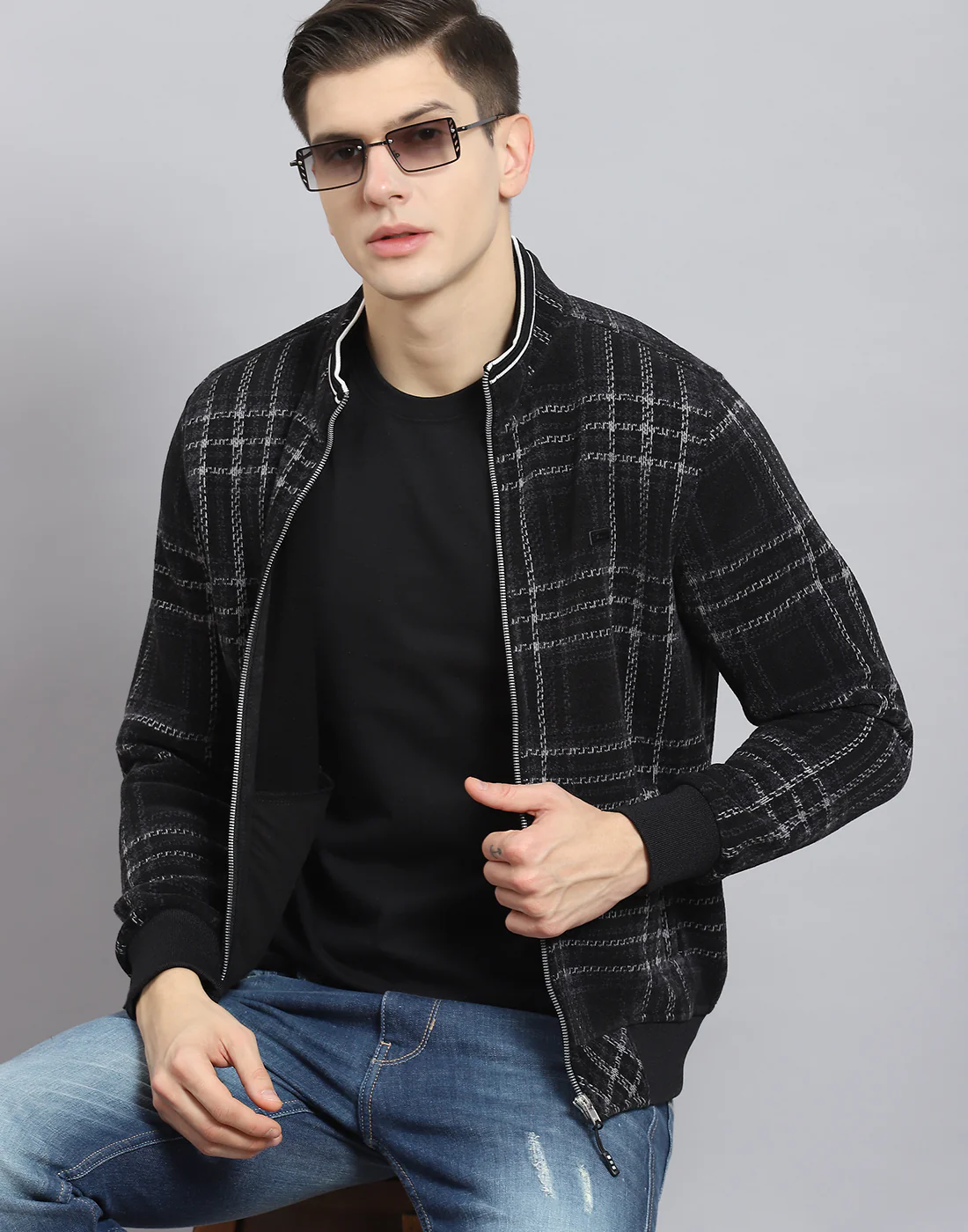 Men Black Check Stand Collar Full Sleeve Sweatshirt - Image 2