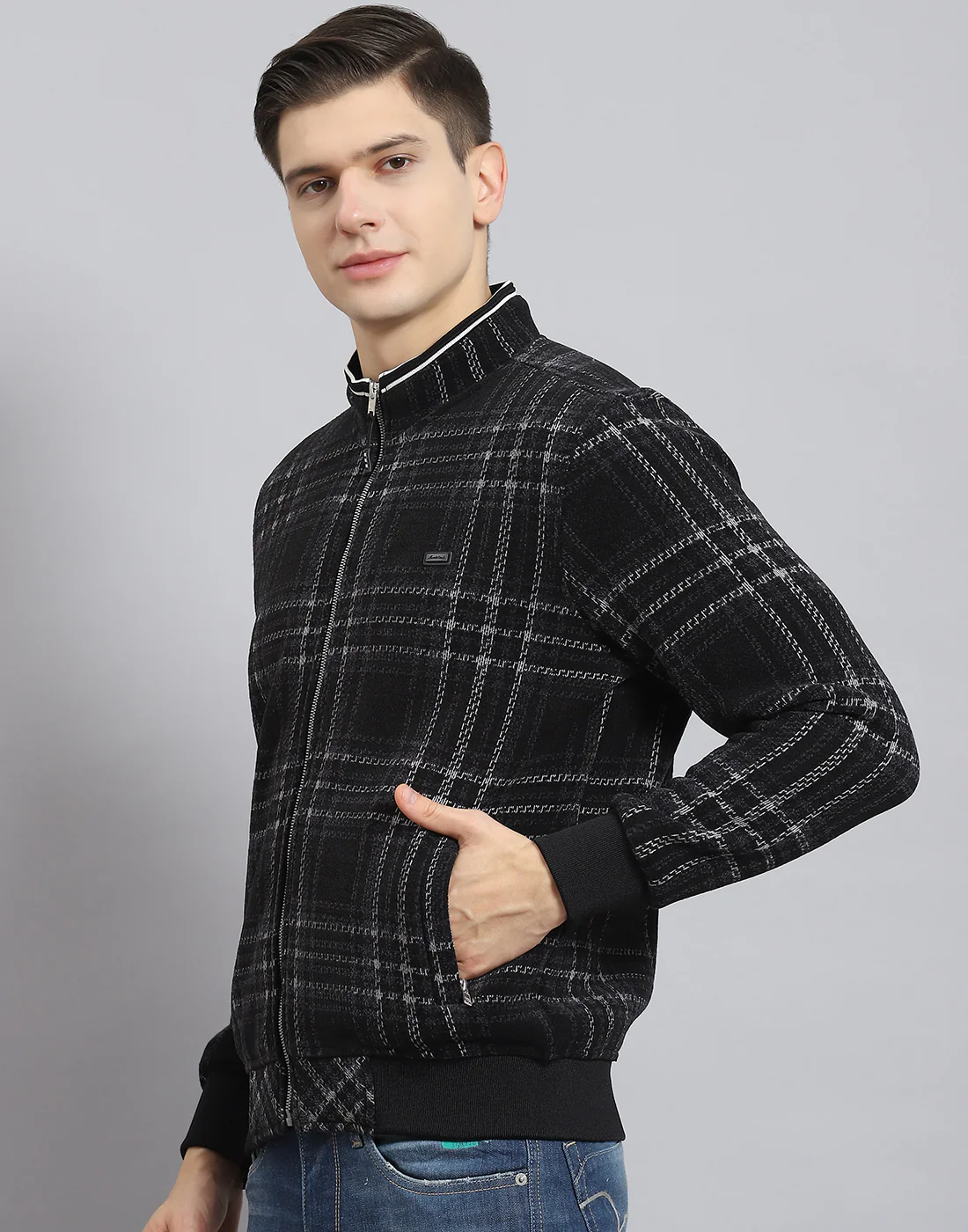 Men Black Check Stand Collar Full Sleeve Sweatshirt - Image 4